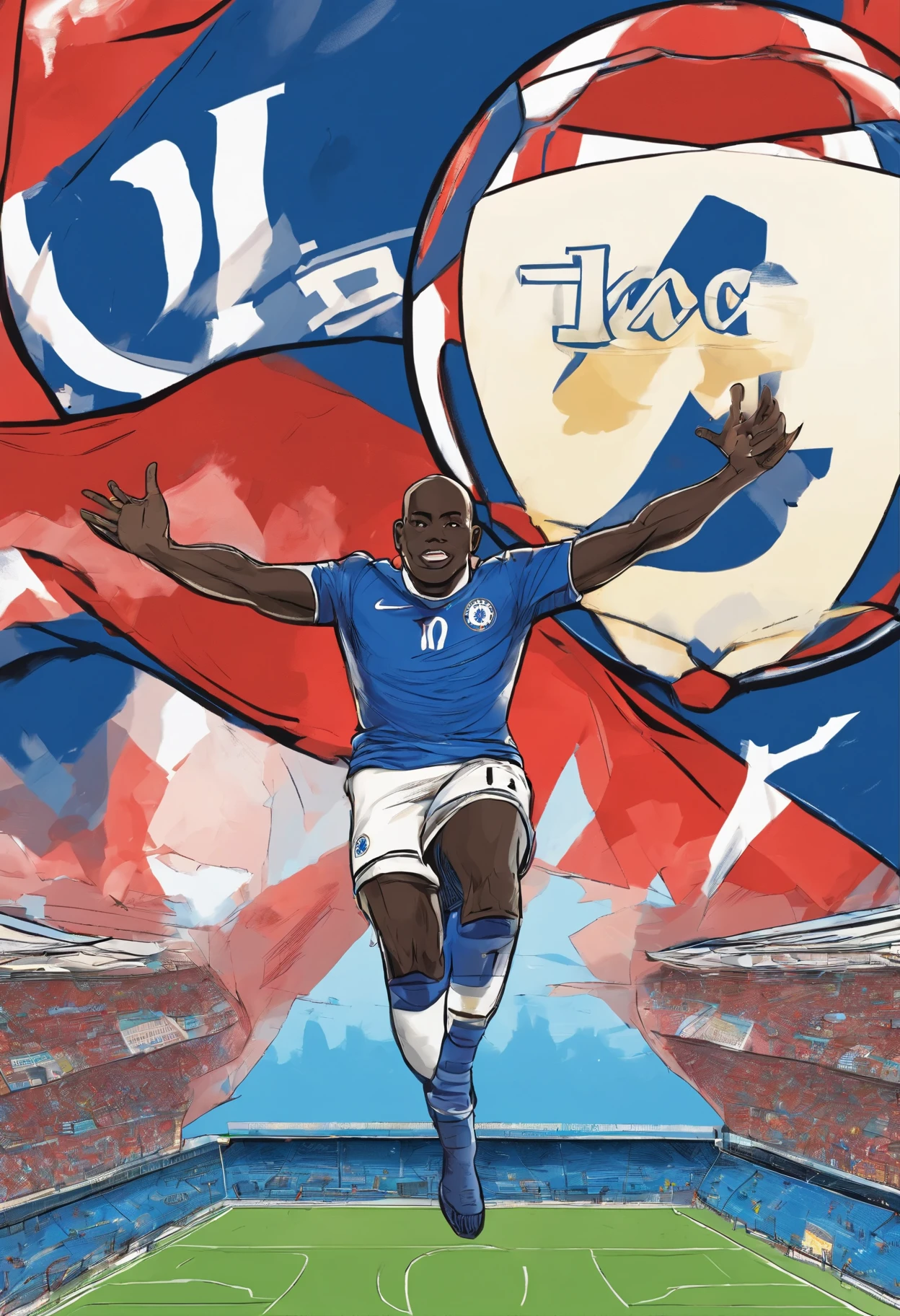N'Golo Kanté has his hands behind his back, a humble position, stands on the football field, in the shape of the Chelsea football team, against the background of a beautiful French flag, without any text and letters
