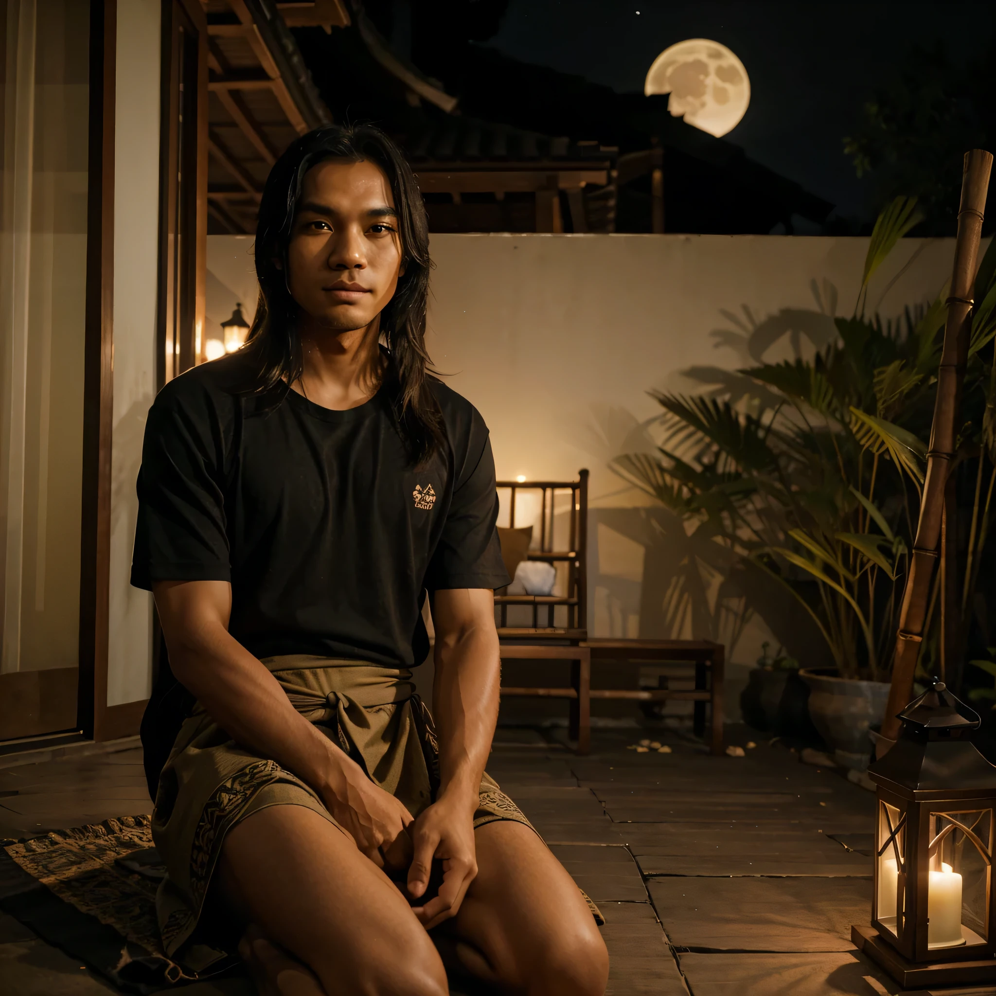 At night, a naturally handsome Javanese Indonesian youth aged 25 years with a sweet black face, face facing the camera, long flowing black hair, wearing a black t-shirt and batik sarong, was contemplating, in the light of the moon. terrace of the house with a cup of coffee and cigarettes, sitting barefoot in front of the door of the house, the house is made of bamboo, there are lanterns, in front of the house a small clear river flows, the rocky nature of the river is clear. photography.