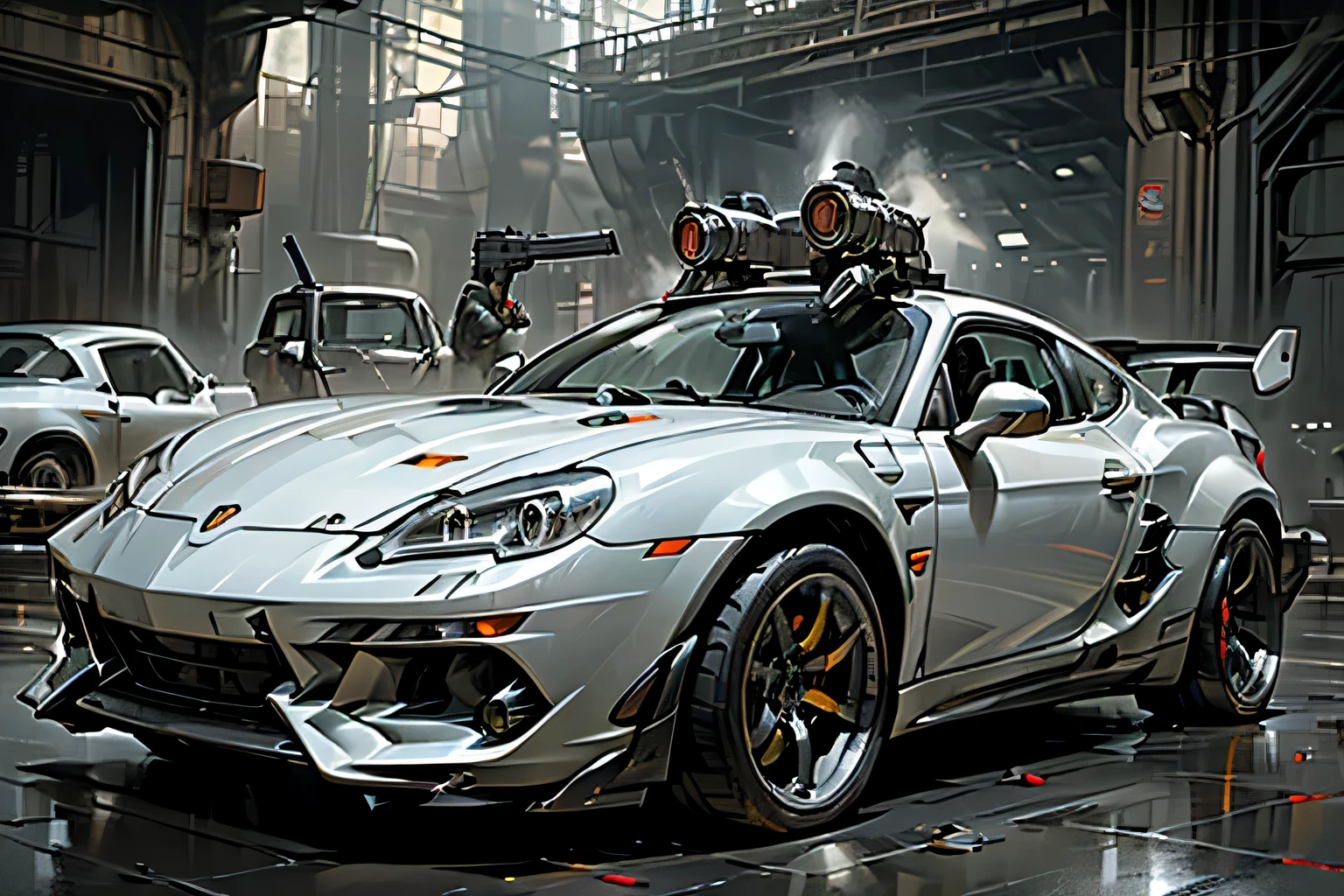 ((Silver Car)), ((Armed)), ((firearm)), ((fixed machine gun)), ((Outside car)), ((sports car)), ((One car)), ((There are many stationary machine guns)),