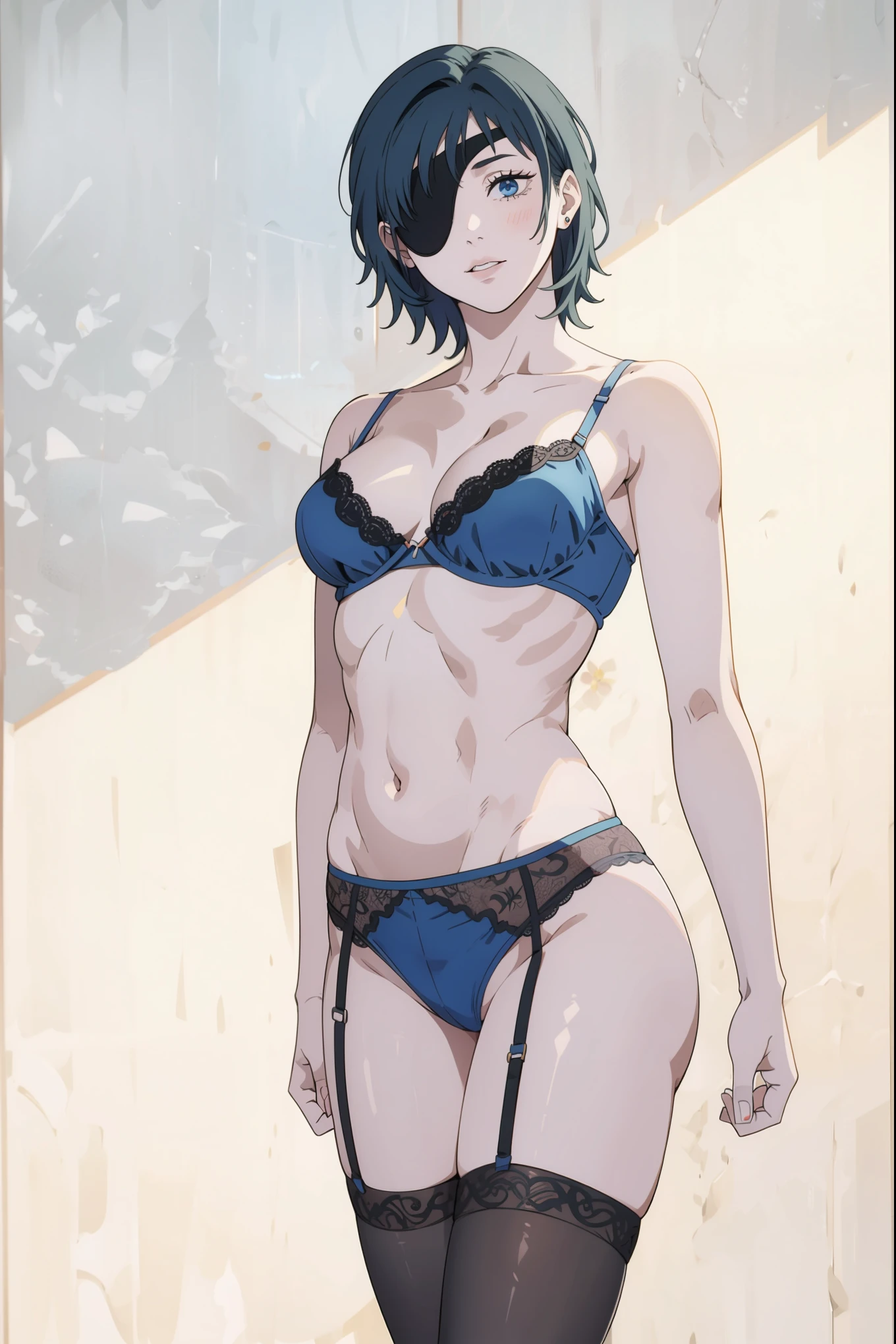 1girl, underwear, garter belt, solo, bra, panties, black panties,black bra, navel, garter straps, breasts, realistic, short hair, lingerie, thighhighs, underwear only, lips, looking at viewer, black hair, collarbone,short hair ,black hair,Undressing, taking off her bra , blue eyes, standing, cowboy shot, jewelry, Posing in an alcove, from below ,((hairy pussy)), big tits,((eyepatch))