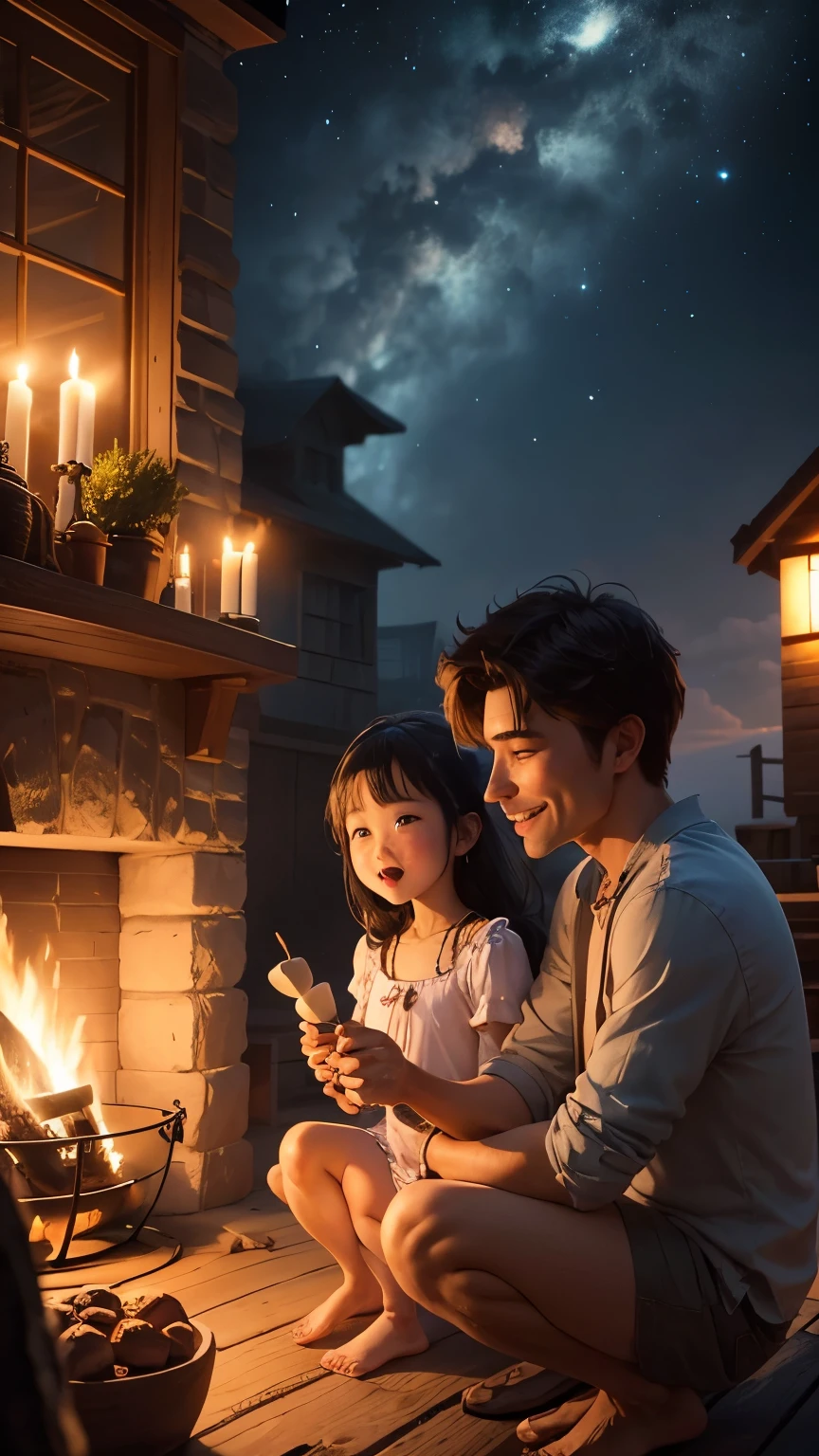 Parents and children sit around a bonfire and eat roasted marshmallows.、Smiling、love、smile,
background:sandy beach at night
(full shot)

"(setting):(best quality),(masterpiece),(detailed),(ultra detailed),(insanely detailed),(ultra-quality),(highly detailed),(FHD)"

