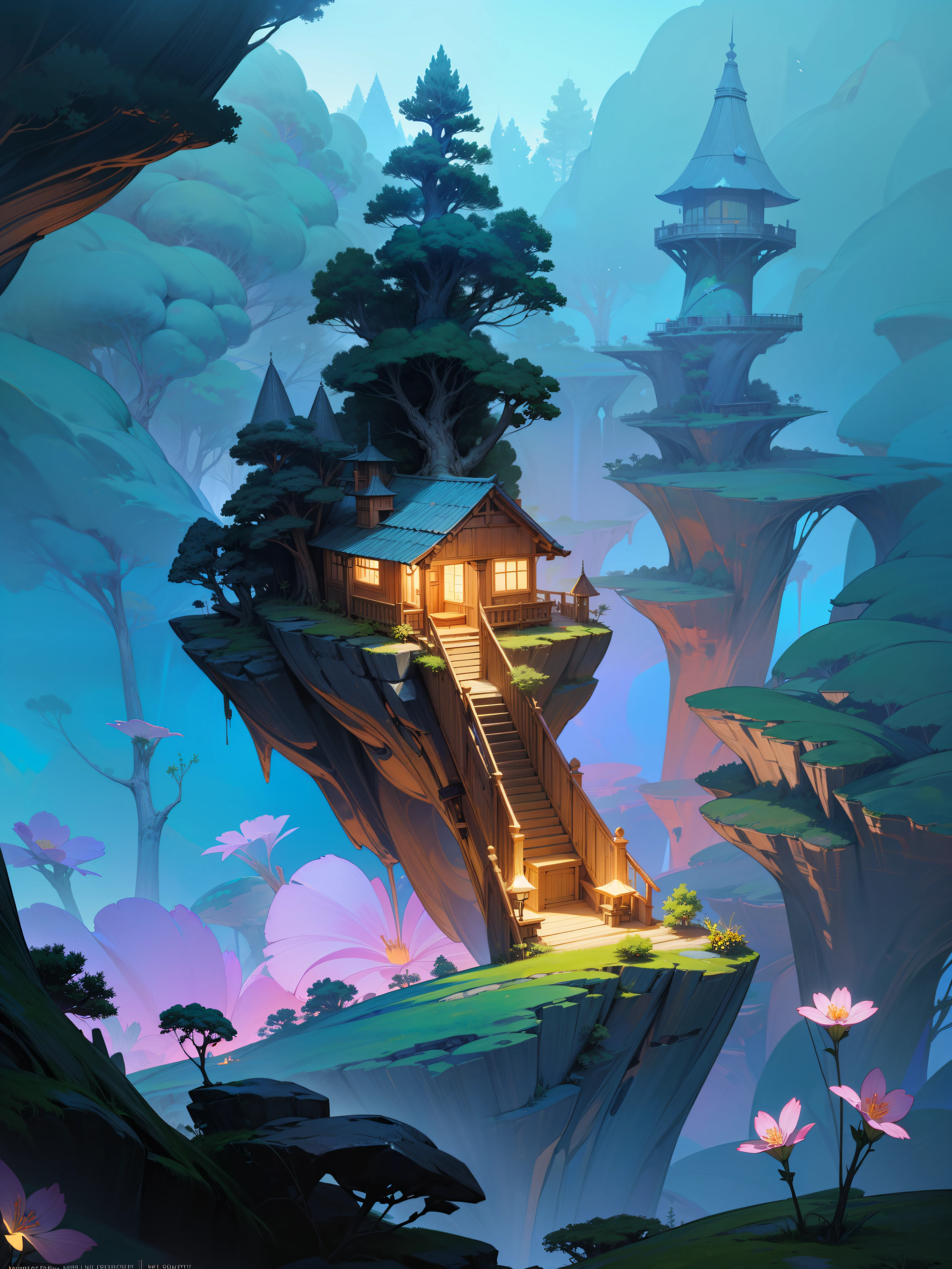 (masterpiece:1), (wide view:1.5), (a small cute house on a huge granite cliff:1.6), (lo-fi vibe:1.3), (deep forest valley on side:1.5), (dense greenery:1.3), silence, (a lot of old stairs:1.4), (blue vast wide open sky:1.5), (soft glow of vibrant tones:1.4), magnificent sky, (volumetric light:1.2), peaceful, (ancient forest:1.5), (nature:1.3), (Sakura trees:1.3), (wild flowers:1.5), (different hues of green and blue:1.4), (beautiful aesthetics:1.2), (fantasy world:1.4), beautiful tones, subtle colors, peaceful, (illustration: 1.0), epic composition, realistic lighting, (no human:1.6), HD details, masterpiece, best quality, ,