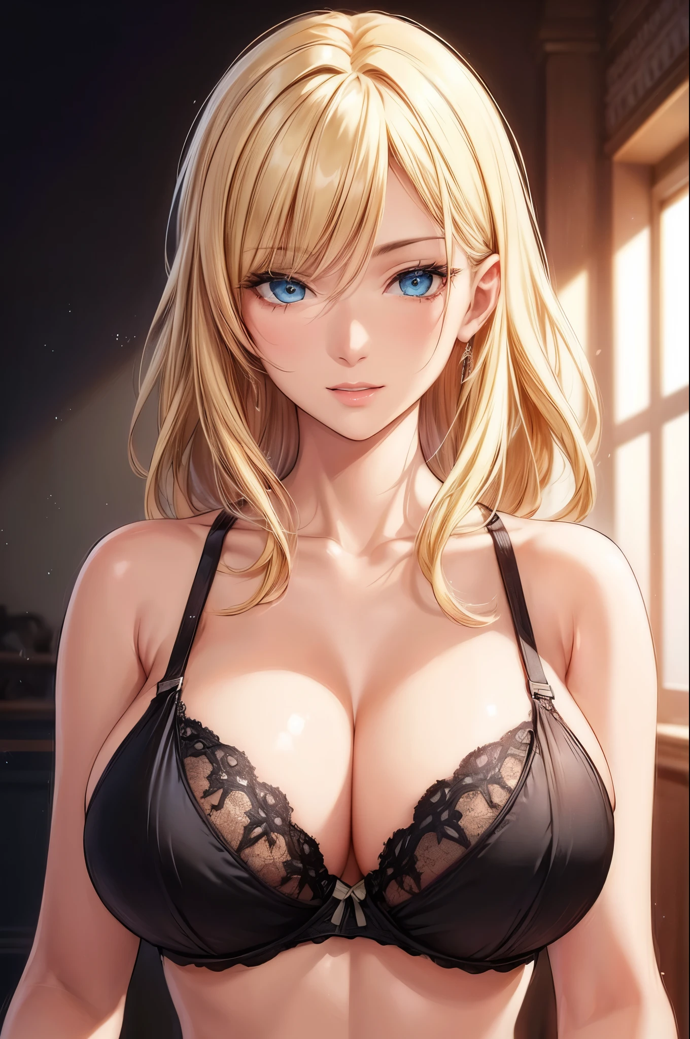 (best quality, highres, photorealistic), portrait, elegant mature woman, blue eyes, long hair, swept-side bang, blonde hair, black bra, big breast, ultra detailed cg 8k, beautiful cg, soft light