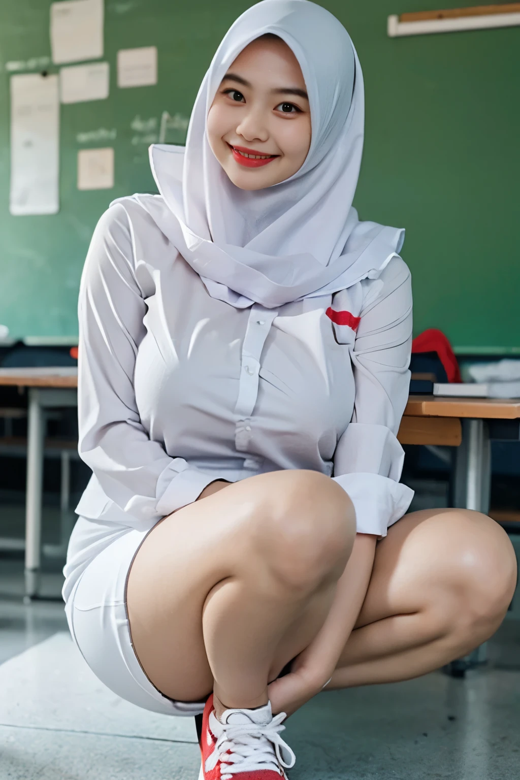 1girl, 18 years old, Indonesian girl hijab, adorable face, cute face, beautiful face, flawless face, detailed face, detailed eyes, smiling, laugh, ((gigantic breasts)). ((Heaviest breasts)). ((Saggiest breasts)). ((Biggest breasts)). ((Braless)). Transparent shirt, long sleeve, mini skirt, SMA, Indonesian classroom, white board, sitting, sneakers