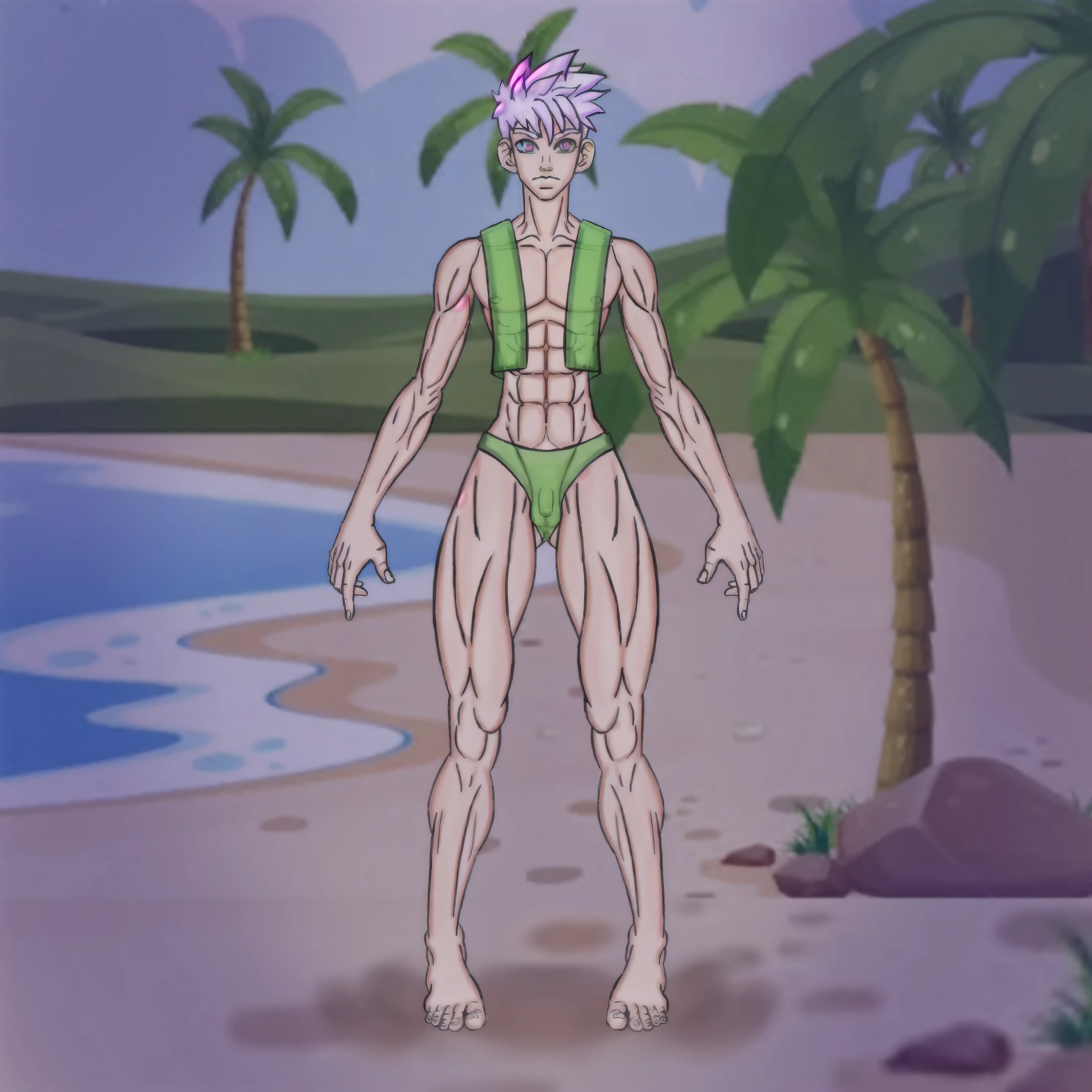 anime character with muscular body and green swimsuit standing on the beach, cientista de fantasia masculino magro, alquimista de fantasia masculino magro, cell shadow adult animation, bodybuilder superhero bikini, corpo completo do personagem, sobrenatural muscular colorido, detalhes do corpo inteiro, humanoid form, esse personagem tem criocinese, corpo inteiro detalhado, conceito detalhado de corpo inteiro