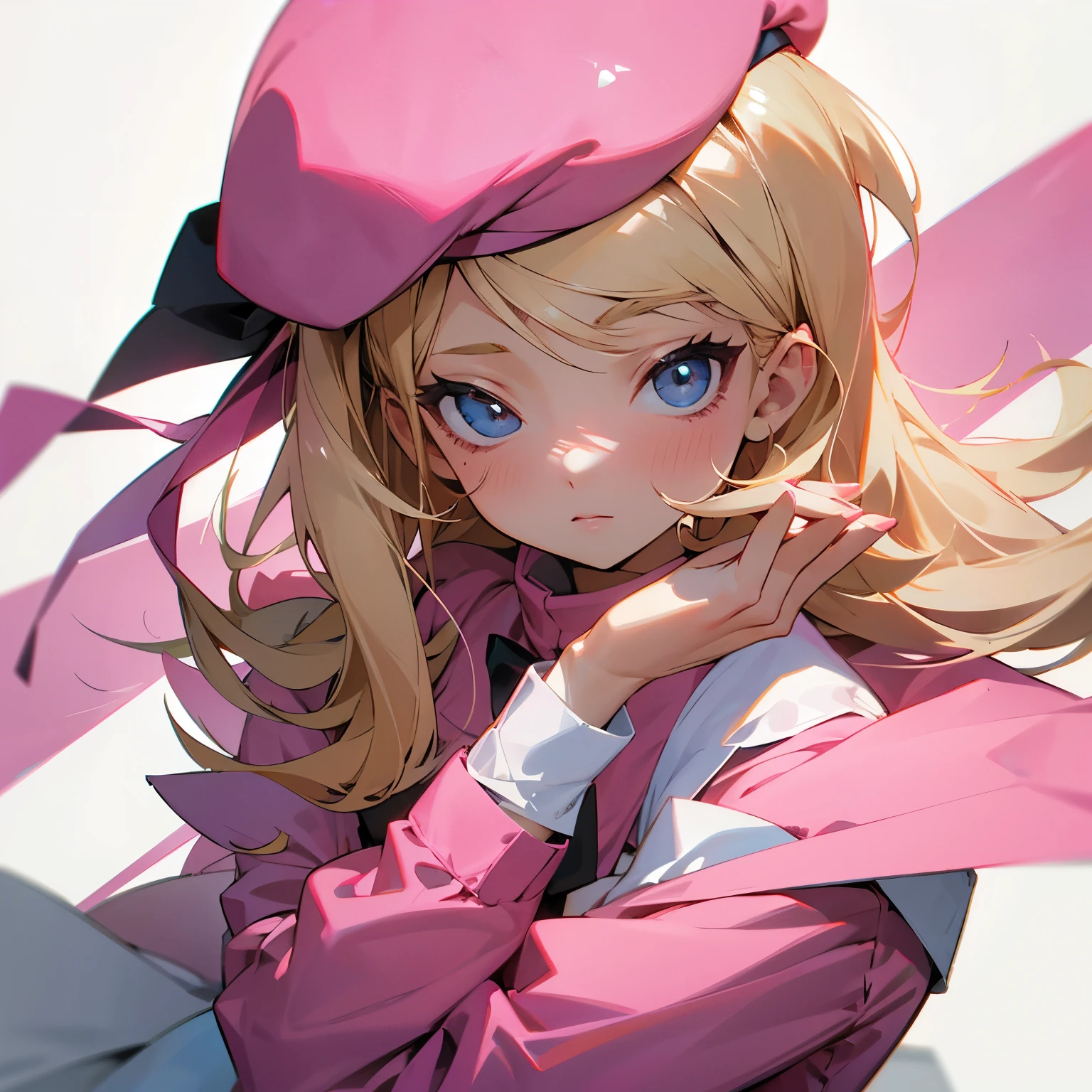 pink clothes、pink beret、blonde、semi-long、girl
