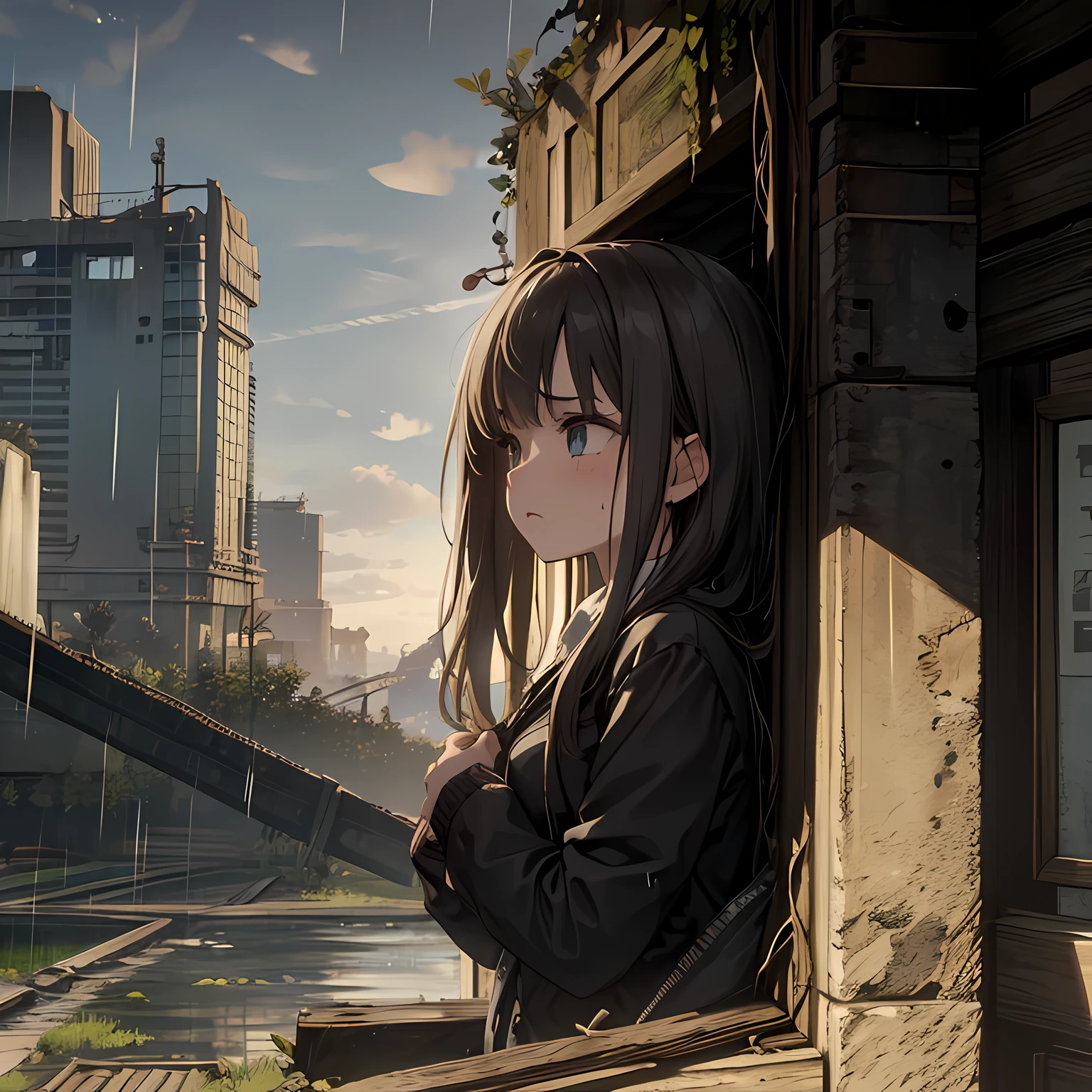 (8K、highest quality、masterpiece:1.2)、Super detailed、super resolution、realistic、1 girl,Inside a dilapidated building,whole body,profile,rain,Sad face,Low - Angle,collapsed cityscape