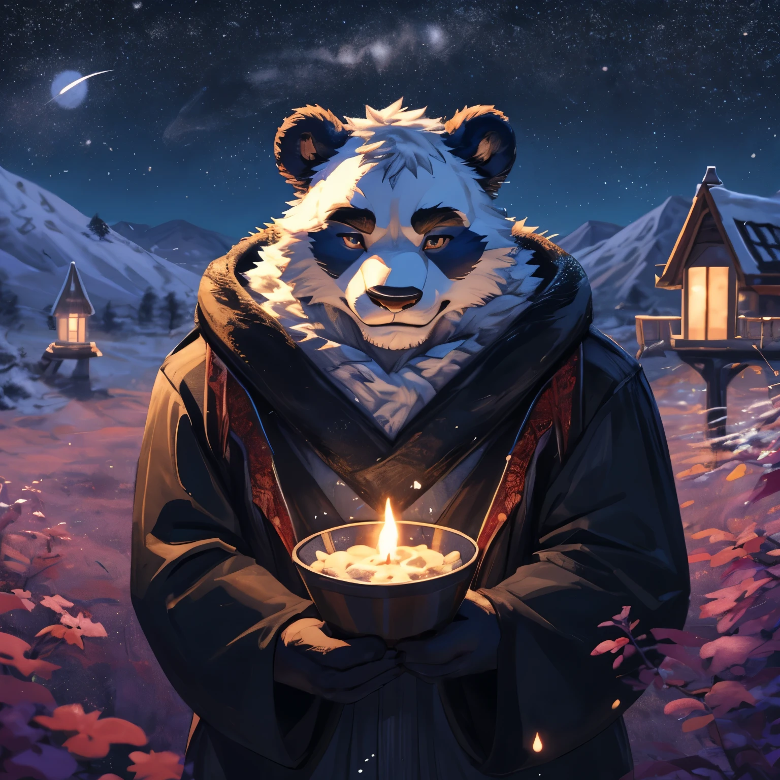 (best quality, vivid colors, highres, professional), realistic panda, detailed furry texture, gazing at the starry night sky, surrounded by twinkling stars, serene moonlit atmosphere, soft moonlight illuminating the panda's fur (night sky ambiance), peaceful and tranquil setting