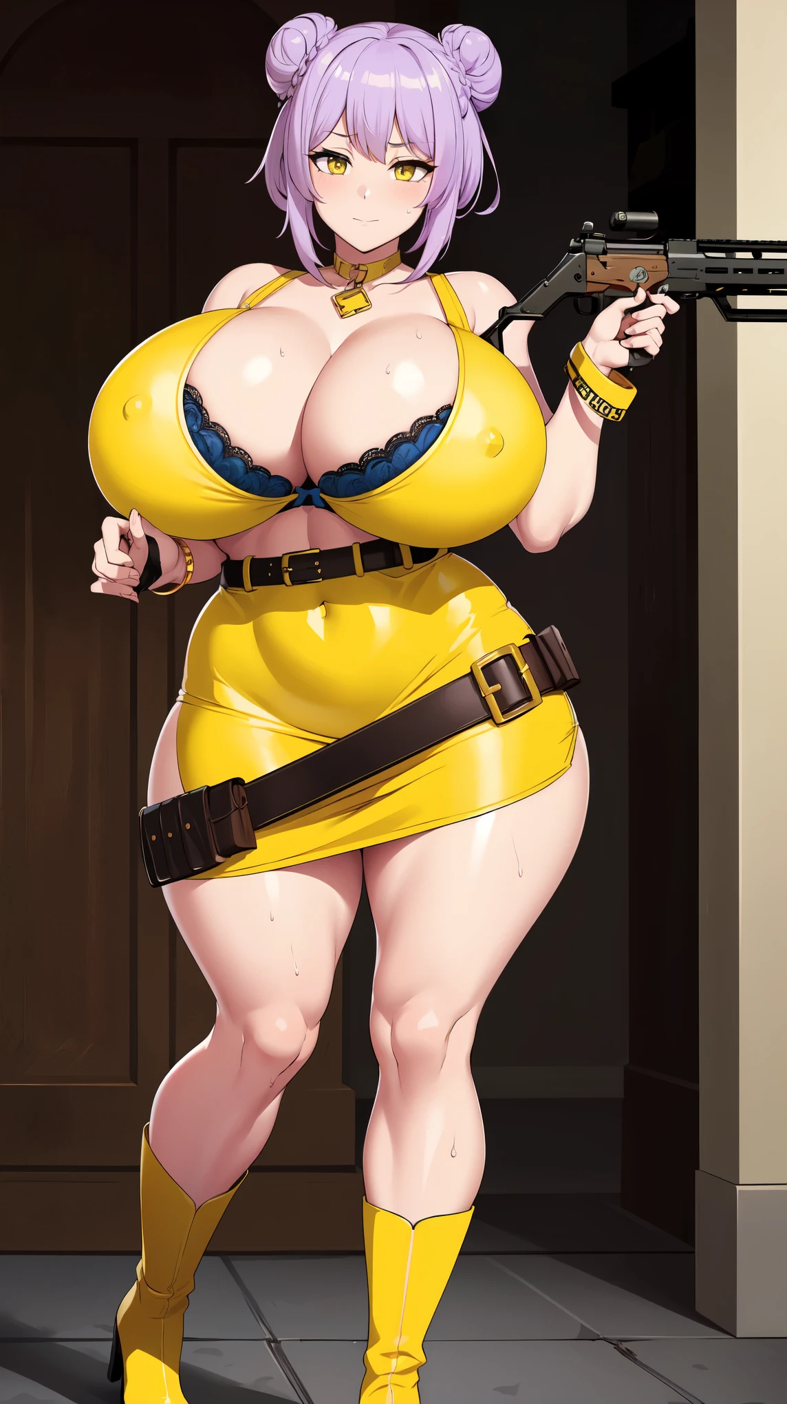 Slime girl, (slime), Slime hair Double buns hair style, Pumpkin Orange, weapon belt, Masterpiece, Best Quality, gigantic , slime girl, slime girl, purple hair, lavender hair, yellow clothes, weapon belt around waistline, rifle, long rifle, AR-15 Rifle, assaultfle, exposed yellow bra, yellow clothing, wearing yellow clothing, fully body view, tight yellow dress, Rifle in hand, mature womrgeous, perverted, sexy, yellow dre exposed chest, exposed bra, exposed breast, black boots, gold bracelets around wrist, holding rifle, aiming with rifle, tactical stance, tactical gear, sweaty body, long legs, tall woman, lustful yellow eyes, yellingerie 