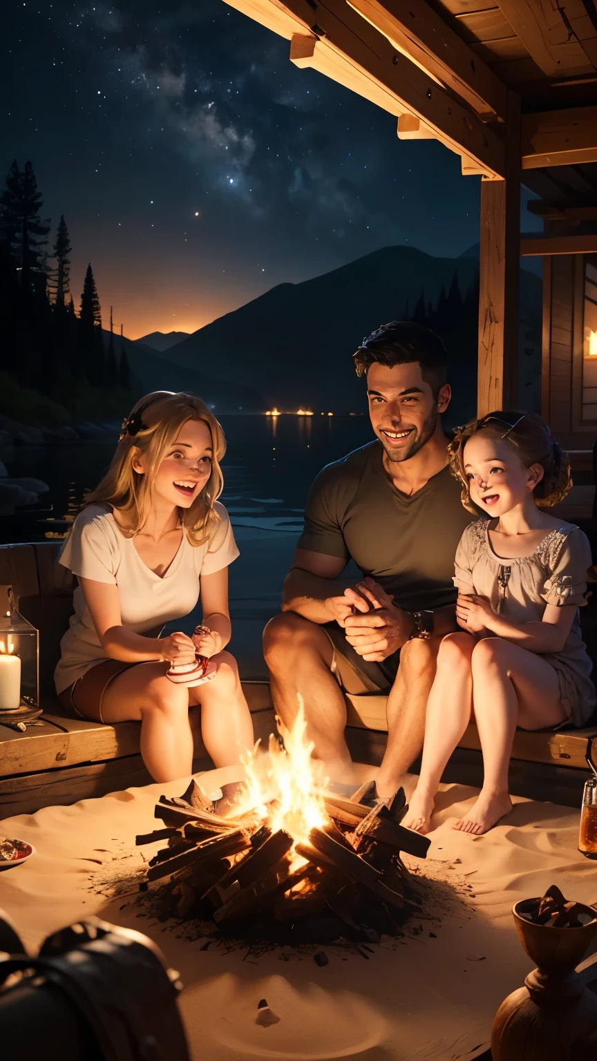 The family of four sits around a bonfire and eats roasted marshmallows.、Smiling、love、smile,
background:sandy beach at night
(full shot)

"(setting):(best quality),(masterpiece),(detailed),(ultra detailed),(insanely detailed),(ultra-quality),(highly detailed),(FHD)"
