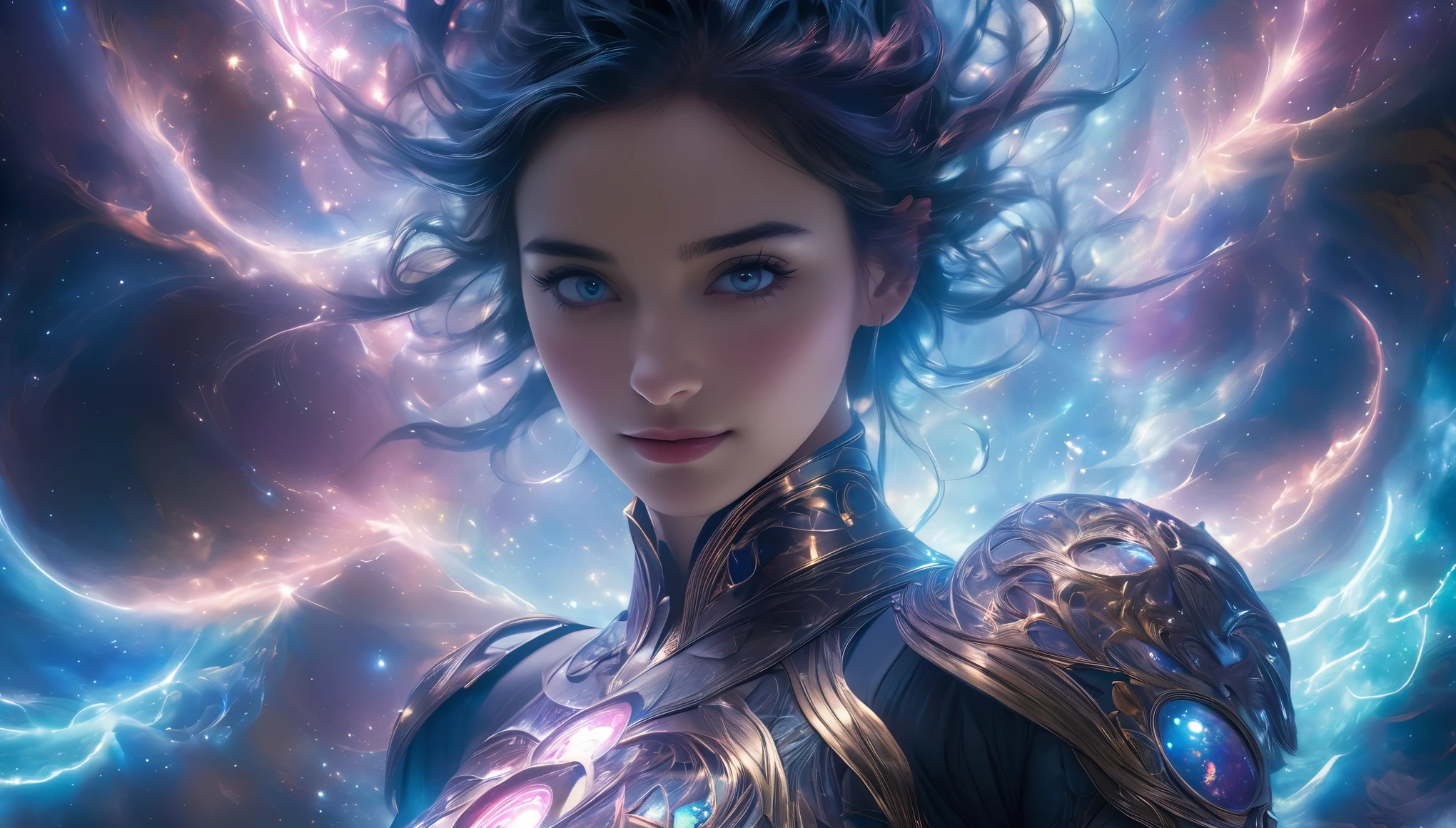 (1 beautiful teenage Italian girl),(wears iridescent bodysuit with beautiful fractal or marble design:1.5),(She wears gauntlets with a detailed and very beautiful design decorated with jewels:1.6), ((She is showing her armpits:1.6)), (erotic pose:1.6), (model pose:1.6), incredibly spectacular scene, ((high quality)), ((fantasy)), blue plasma brain, green plasma body, obscene, average, (despicable:1.2), (immoral:1.2), (Small breasts with beautifully raised pink areolas:1.5), (expression of ecstasy:1.2), hyper realistic photo, official art, Unity 8K Wallpaper, 8K portrait, high quality, very high resolution, (incredibly beautiful nature background:1.6), (18-year-old:1.5), (sexy and glamorous:1.1), (coquettish expression:1.6), (smile seductively:1.6), beautiful seductive face, portrait, (thick eyebrows:1.4), Beautiful eyes with high bilateral symmetry, (highly detailed eyes:1.4),(highly detailed face and eyes:1.7), (High resolution topaz eyes:1.6),  (Super detailed skin texture:1.4), super detailed pale skin, perfect ???????, thin, (Beautiful muscular toned body:1.6), highly detailed jet black hair,  (moist skin:1.2), no makeup, (Bear:1.1), excellent ???????, Focus plane, good looking, (Emilia clarke:0.1) (Emma watson:0.3),(Jennifer connelly:0.24),  (A delicately crafted necklace is wrapped around her neck), (Bioluminescence with a brilliant glow:1.4), (Shining magic circle:1.5), ruins of an ancient castle, Shining majestic clouds and sky, lightning, spectacular realistic, (Greg latkowski:0.8), (teal and orange:0.4), (art station:1.5), cinematic, (NSFW:1.6), dramatic light, (intricate details:1.1),Milky Way, (nebula:1.6), dark Knight, Focus on fully armored body