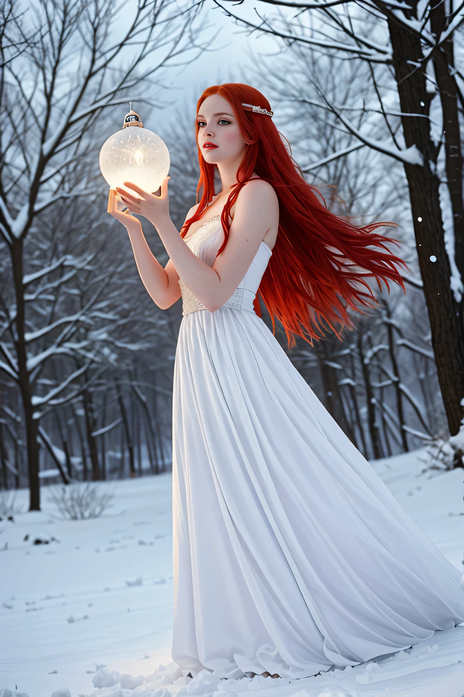 here is a woman with red hair and a white dress sitting in the snow, very long snow colored hair, a sorceress casting a ice ball, in snow, girl under lantern, in the snow, only snow i the background, red haired goddess, with red hair, inspired by Anne Stokes, pale snow white skin, editorial photograph, perfect lighting in a snow storm