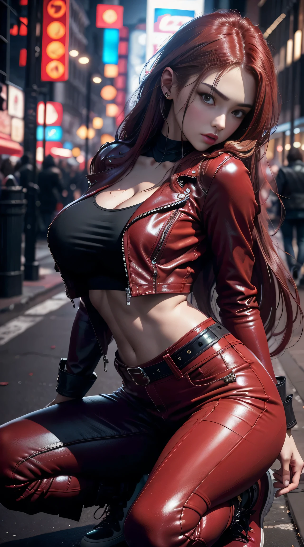 sfw, (squatting), in photorealistic style, a red woman with long hair in red leather pants and a red leather jacket stands in the New York street midnight, wearing bra,((skinny waist)), young asian girl, ((big breasted)),