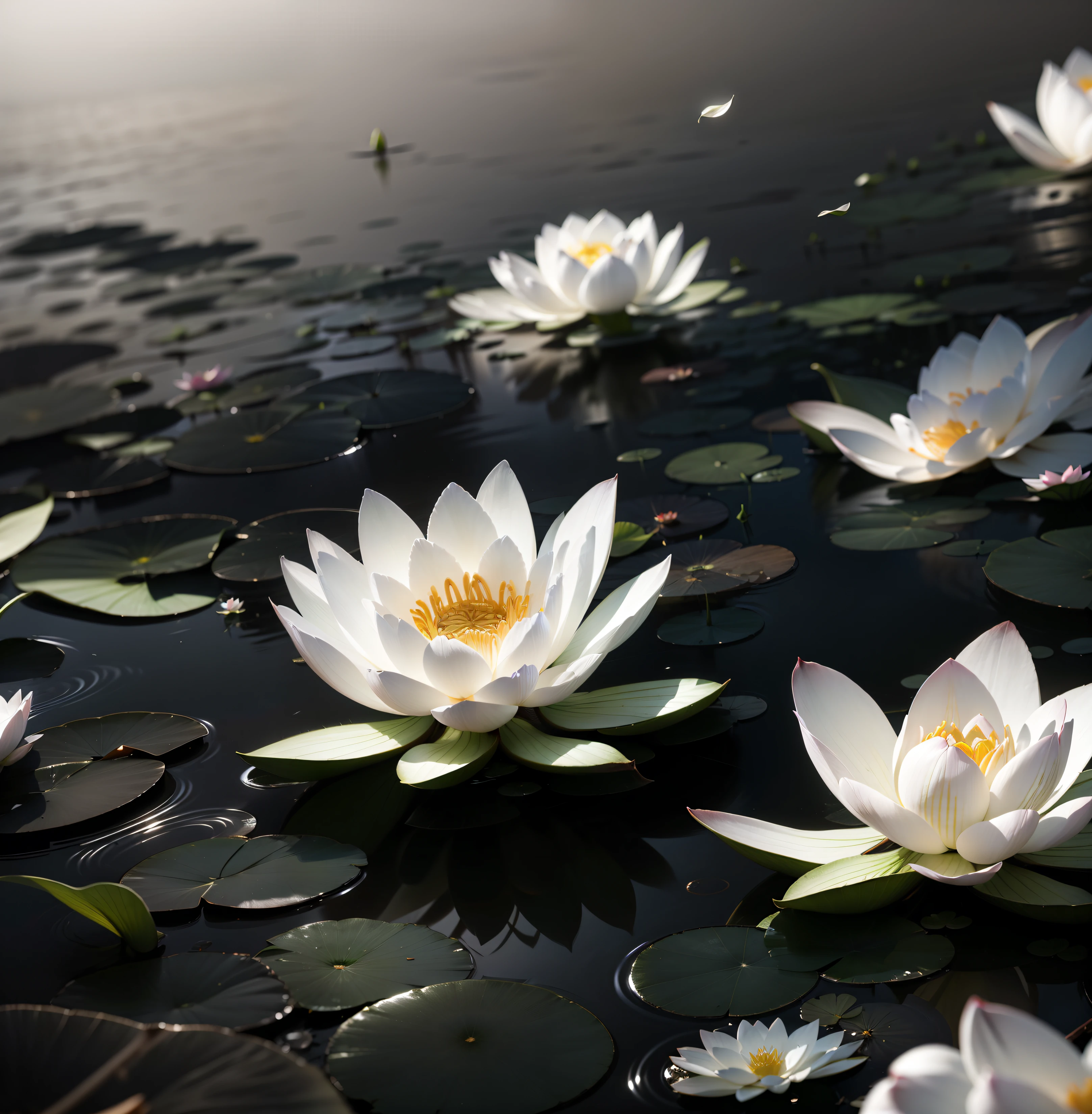 there are many white flowers floating in a pond of water, lotus flowers, lotus flowers on the water, lotuses, with lotus flowers, black lotus, lotus, lotus petals, water lilies, lotus flower, lily flowers. 8 k, beautiful photo, by Shen Che-Tsai, floating in a powerful zen state, lily petals, lillies