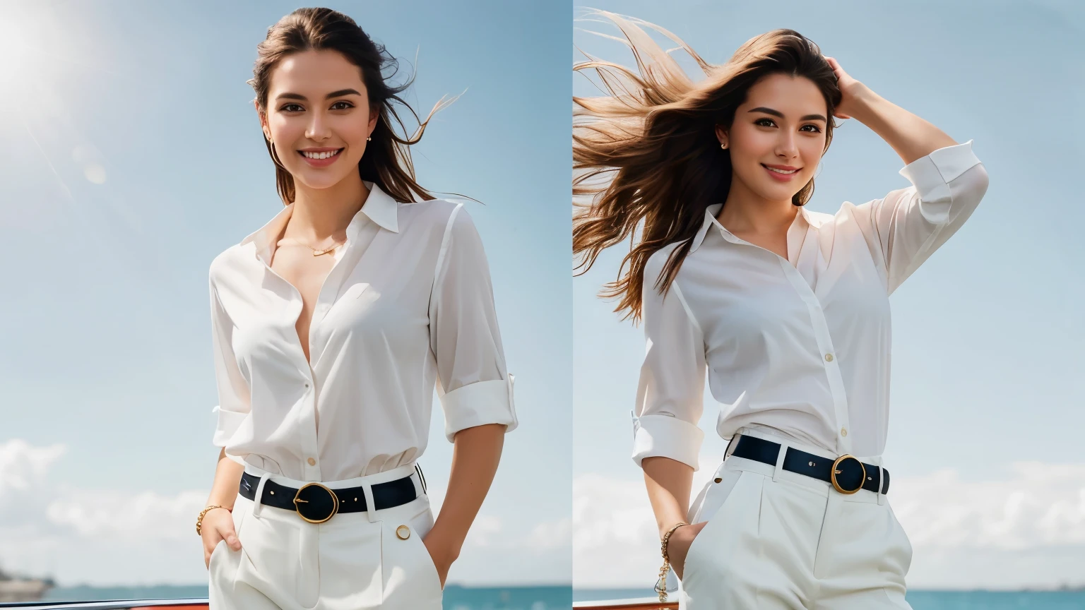 Hyper-realistic photo of happy beautiful girl about 25, model appearance, hands in pants pockets, without headdress, Highly detailed face, hair blowing in the wind, shot on iPhone 15 pro max, white open shirt showing a handsome torso, light white trousers with a belt, full length, intricate details, high detail, sharp focus, yacht club background