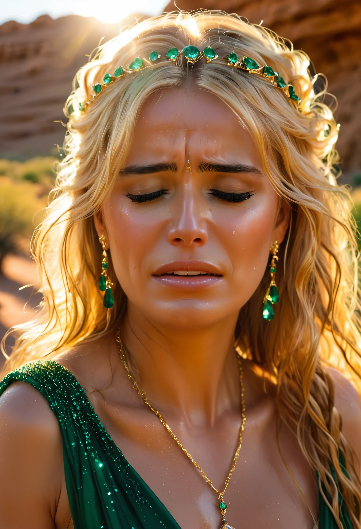 (crying:1.5), In a desert oasis, a beautiful princess weeps, ((drops of her tears are making a beautiful trail on her face)), her flowing golden locks cascading over her left shoulder, (her emerald tears reflecting the sun's golden rays)