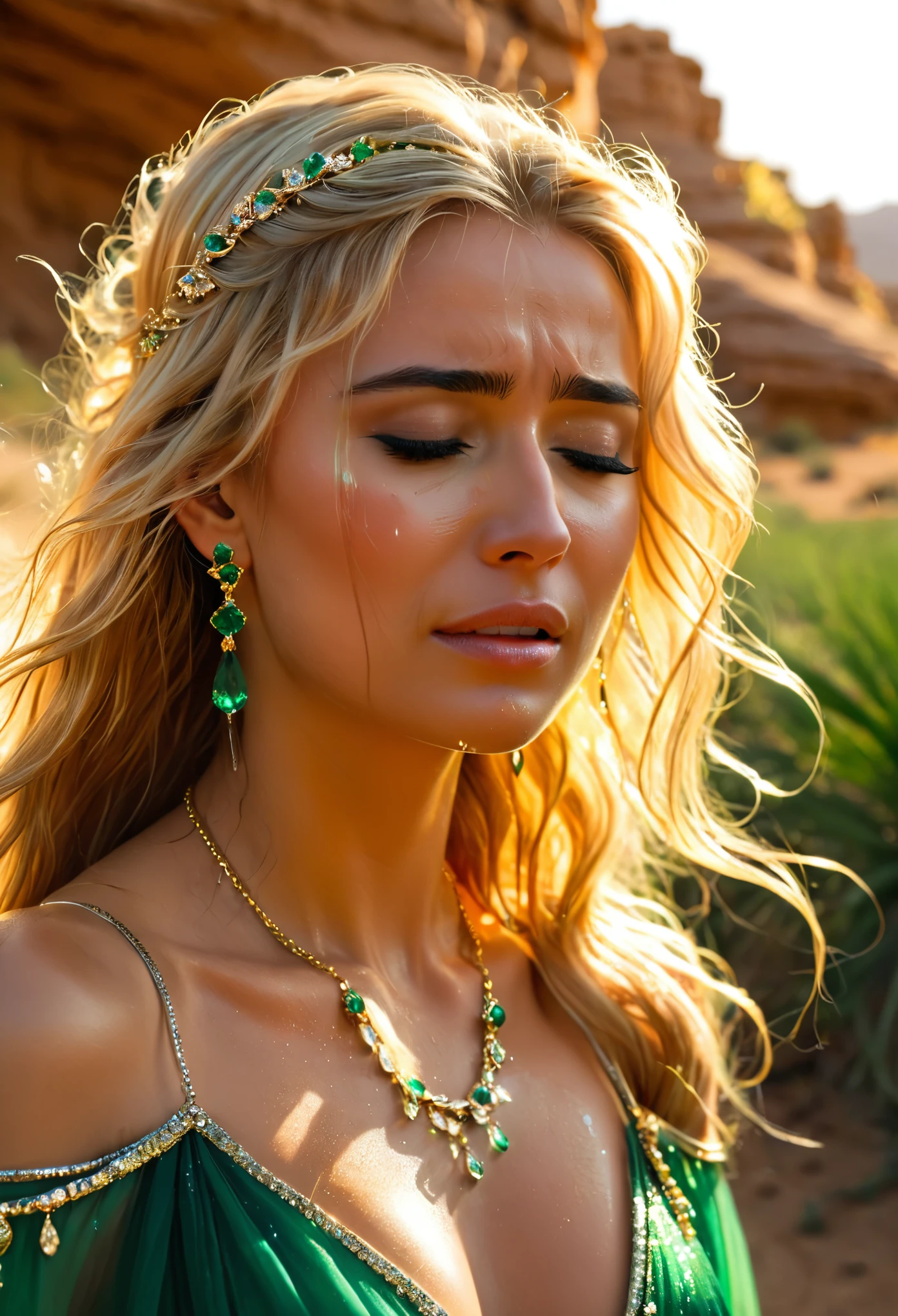 (crying:1.5), In a desert oasis, a beautiful princess weeps, ((drops of her tears are making a beautiful trail on her face)), her flowing golden locks cascading over her left shoulder, (her emerald tears reflecting the sun's golden rays)