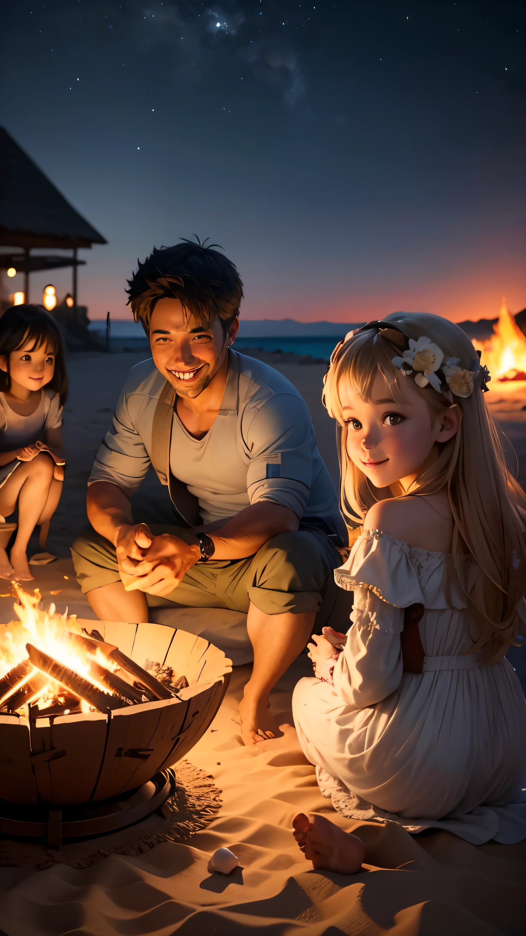 Parents and  sit around a bonfire and eat roasted marshmallows.、Smiling、love、smile,
background:sandy beach at night
(full shot)

"(setting):(best quality),(masterpiece),(detailed),(ultra detailed),(insanely detailed),(ultra-quality),(highly detailed),(FHD)"
