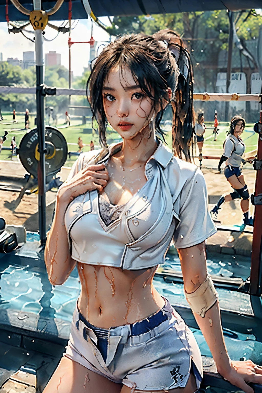 masterpiece:1.2、(top-quality)、Realism、(Live action photos、intricate detailes、depth of fields)、(1girl in、soght skinned、Delicate、Lee Ji-eun IU、Lip separation、high details、face perfect、(Colossal tits、big breasts thin waist、poneyTail、(A girl playing volleyball、White Volleyball Uniform、shortpants)、(perspiring:1)、(Wet)、((Gymnasium))、(((Only the chest is naked)))