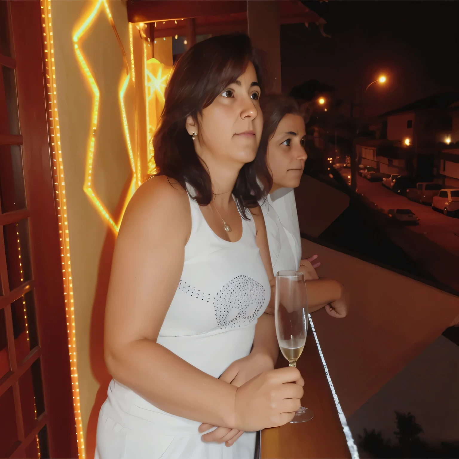 there are two women on a balcony holding glasses of wine, not blurry, pilar, photo taken At night, branco. J.., Durante a noite, noite, vista de lado, espumante atmosphere, tiro do lado, com uma figura ao fundo, At night, espumante. foto clara, alta qualidade, high resolution, obra-prima, 8k.