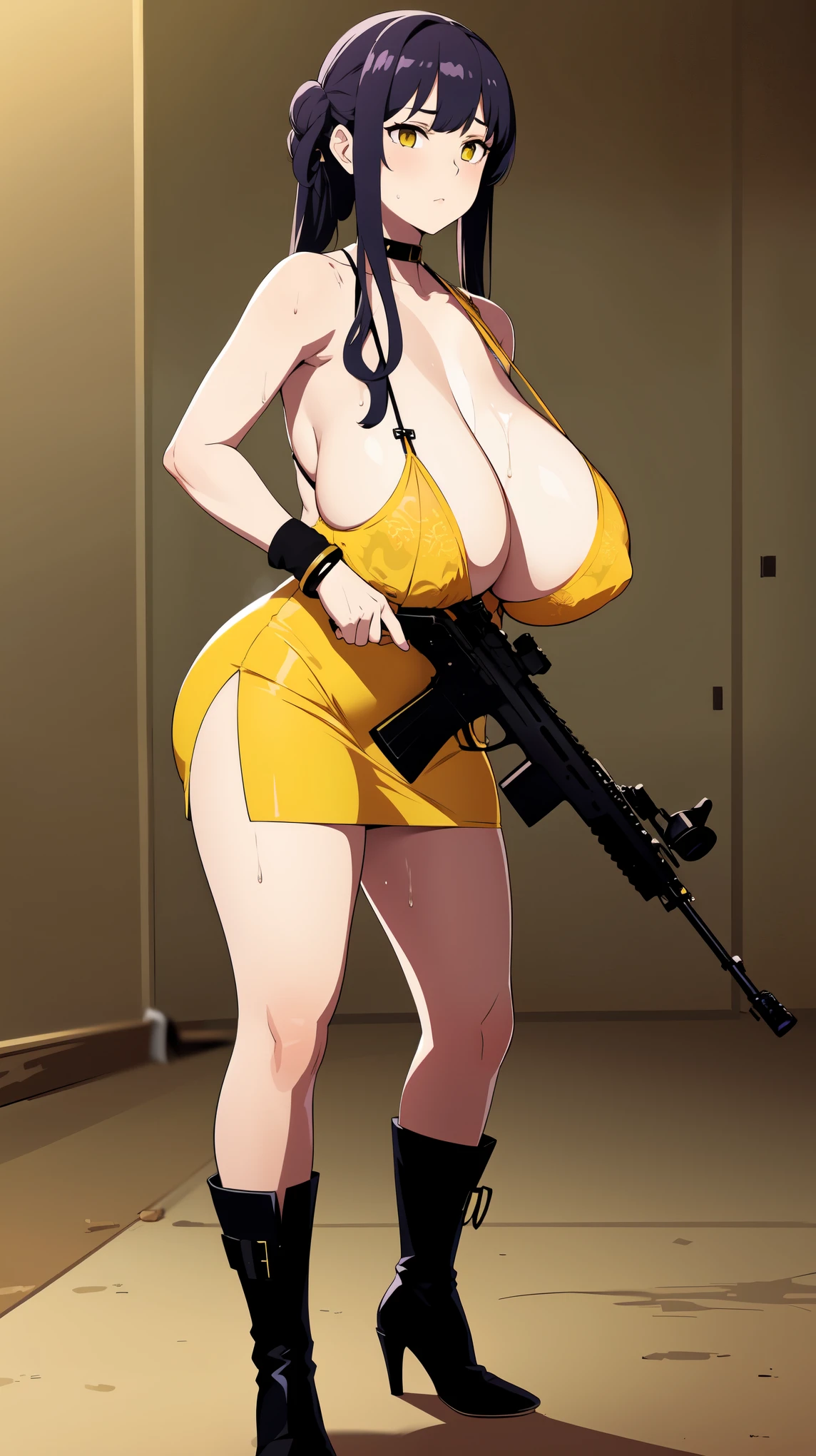 Slime girl, (slime), Slime hair Double buns hair style, Pumpkin Orange, weapon belt, Masterpiece, Best Quality, gigantic breasts, slime girl, slime girl, purple hair, lavender hair, yellow clothes, weapon belt around waistline, rifle, long rifle, AR-15 Rifle, assault rifle, exposed yellow bra, yellow clothing, wearing yellow clothing, fully body view, tight yellow dress, Rifle in hand, mature woman, gorgeous, perverted, sexy, yellow dress, exposed chest, exposed bra, exposed breast, black boots/heels, gold bracelets around wrist, holding rifle, aiming with rifle, tactical stance, tactical gear, sweaty body, long legs, tall woman, lustful yellow eyes, yellow lingerie 