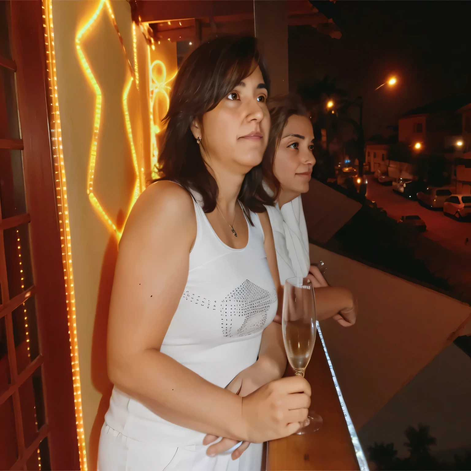 there are two women on a balcony holding glasses of wine, not blurry, pilar, photo taken At night, branco. J.., Durante a noite, noite, vista de lado, espumante atmosphere, tiro do lado, com uma figura ao fundo, At night, espumante. foto clara, alta qualidade, high resolution, obra-prima, 8k.