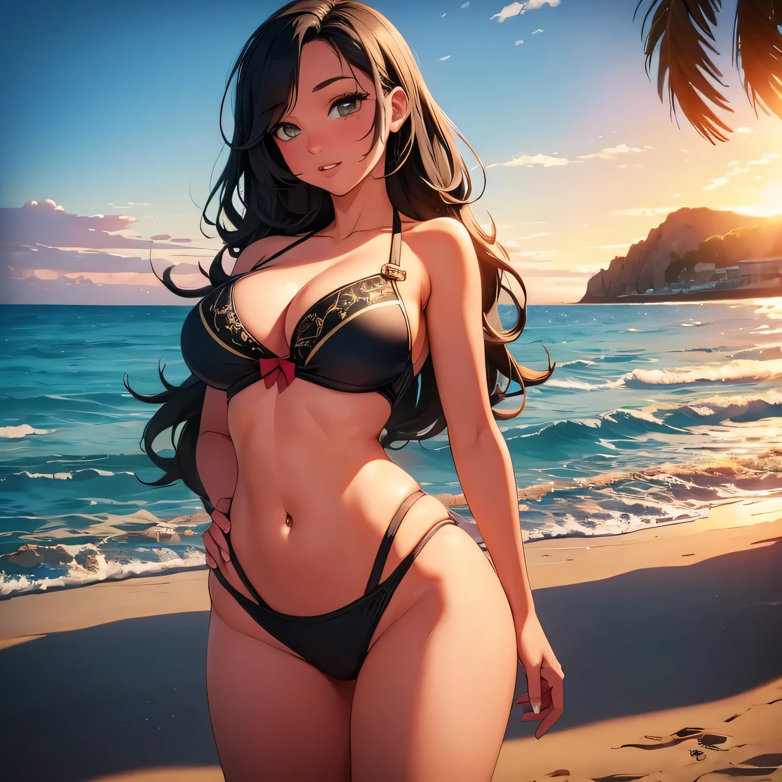 ((curvas sexys: 1.2)), and her ero appeal is emphasized by the way the swimsuit fits her body., showing it [((figura detallada:1.5))]. Every inch of Vanellope&#39;s physique is meticulously rendered., desde la curva de sus caderas hasta el [((ombligo perfectamente posicionado))]. el [((ultra detailed interpretation:1.3))] of the texture of her swimsuit and the [((acentos dorados brillantes:1.1))] Add an attractive touch to the scene..

((playa)), (atardecer), (ocean),
Vanellope se para frente a