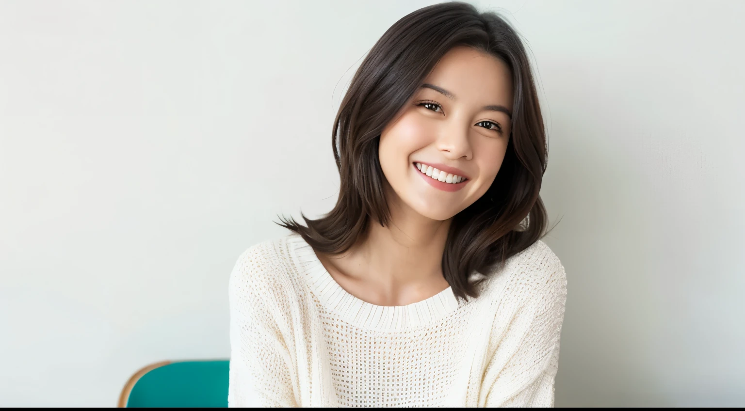 white wall A woman sitting and smiling