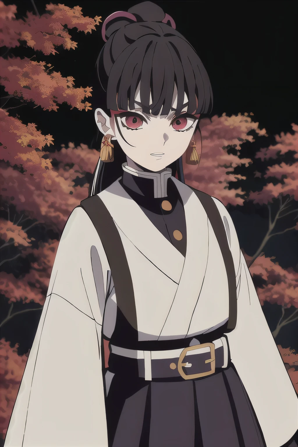 imetsu no Yaiba style, Personaje original , uniforme de cazador de demonios, 1 chica, enfoque de mujer, arma, rubor, pendientes, dientes, joyas, falda, Cuello , Cabello largo negro, cabello suelto y semi recogido, belt, falda larga, ropa japonesa, haori, haori con patron de rosas , Solo, ojos grises, ojos elegantes y amables, spmbra de ojos rojos, mangas largas, colorante animado, ((obra maestra)), Chico neutral,
