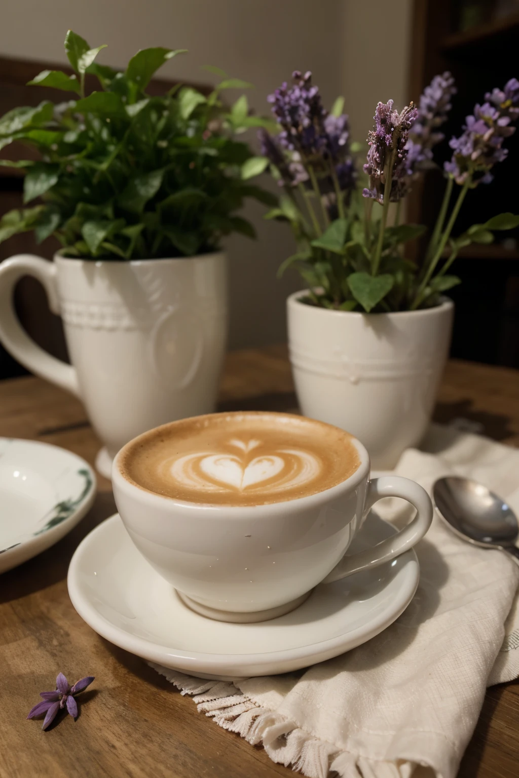 ((best quality)), ((masterpiece)), (detailed), cup of coffee next to a lavender flower.