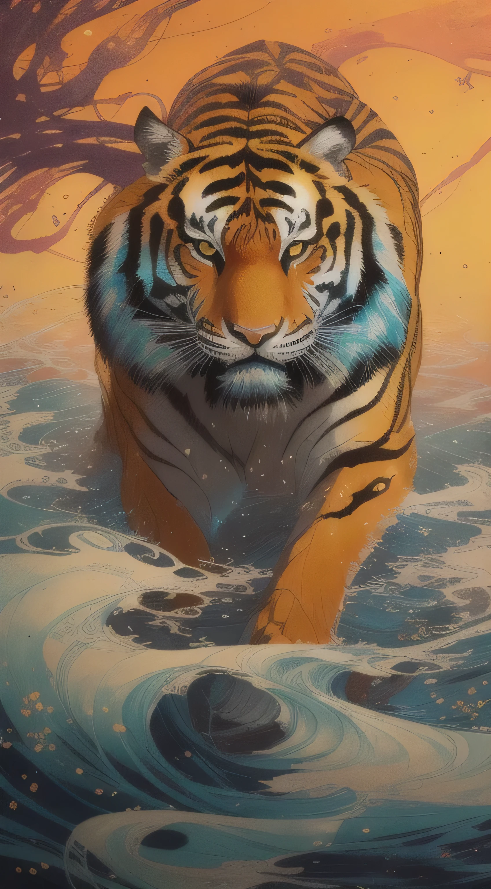 centered, key visual, intricate, highly detailed, breathtaking beauty, precise lineart, vibrant, Comprehensive cinematic, Carne Griffiths, Conrad Roset, (the most beautiful portrait in the world:1.5), detailed tiger, detailed water