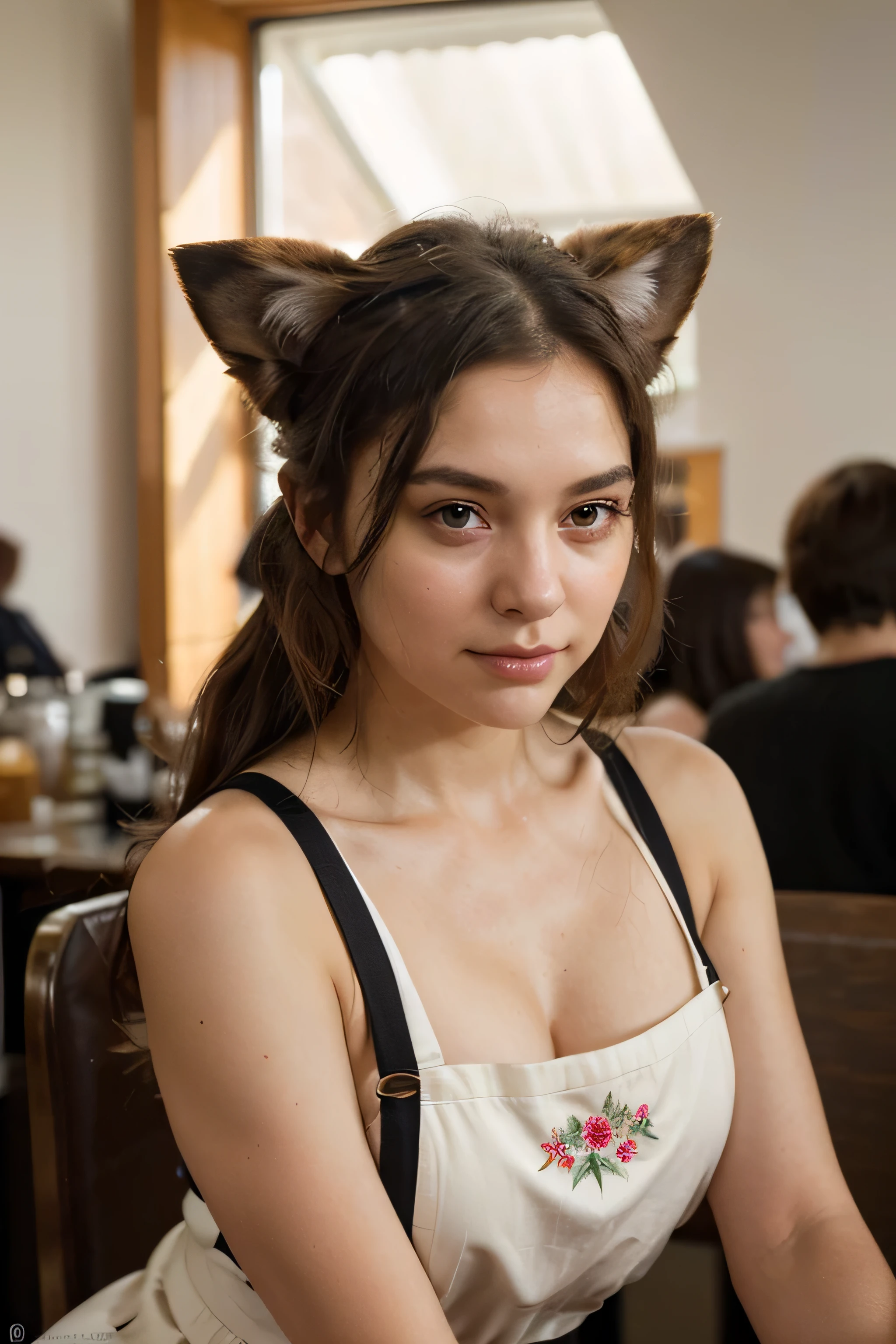 (bc:1.2)Beautiful cafe worker, (best quality,4k,8k,highres,masterpiece:1.2)gorgeous eyes with a hint of playfulness, (ultra-detailed)exquisite facial features, (realistic,photorealistic,photo-realistic:1.37)charming smile with a touch of mystery, (physically-based rendering)vibrant and flawless skin, (medium)styled with a mix of oil painting and contemporary illustration techniques. She has (extremely detailed eyes and face)captivating detailed eyes, with long, fluttering eyelashes that convey depth and tenderness.

The dog ears on top of her head are (medium)meticulously crafted with lifelike textures, highlighting their cute and fluffy appearance. Her (ultra-detailed,dog tail)fluffy dog tail sways gently as she moves. She has a (dog snout)dog snout that brings innocence and friendliness to her overall look.

The (vivid colors)color scheme of the surroundings combines warm tones and vibrant hues to create a cozy and inviting atmosphere. The cafe is filled with (sharp focus)sharp focus and (bokeh)softly blurred backgrounds, emphasizing the main subject. The walls are adorned with (ultra-fine painting)artworks depicting abstract shapes and patterns.

She wears a stylish (professional)apron with pockets, embroidered with floral patterns, and a matching outfit that complements the overall aesthetic. Her (vivid colors and sharp shadows and highlights)colorful hair is tied up in a loose bun, decorated with delicate flowers.

Next to her, a (medium-sized)friendly dog sits, with (sharp focus)clear eyes filled with warmth and loyalty. Its (extremely detailed,dog fur)dense fur is textured in a way that captures the essence of its breed. It has (sharp focus)well-defined paws, each carefully crafted and placed in a relaxed position.

The lighting in the cafe is soft and warm, accentuating the cozy and inviting atmosphere. The sunlight peeks through the window, casting gentle rays of (studio lighting)light on the cafe worker's face, creating a subtle play of shadows and highlig