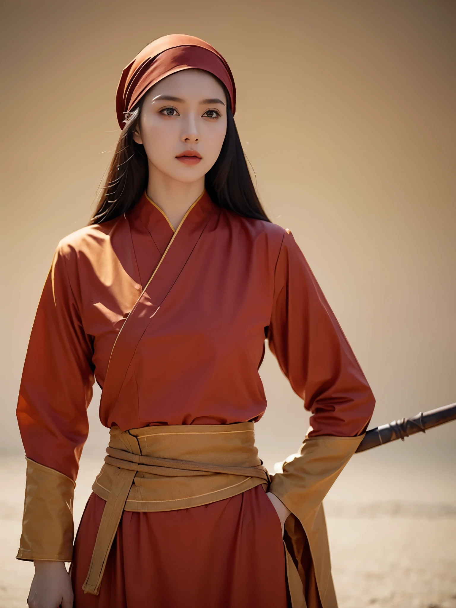 1female, pale skin, gorgeous eyes, wearing a headscarf, wearing red and yellow long sleeve, wearing armor in front of her body, a female warrior inspired from Buddhis monk, dynamic pose, three-quarter body portrait, raw photo, medium format photography 