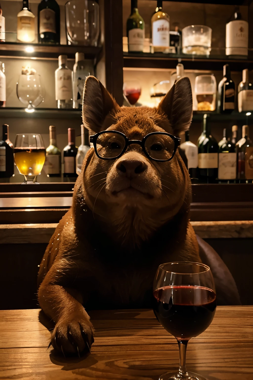 Capivara animal, Having a glass of wine, bar, decada 70, round glasses, bebado, orelha arredondada