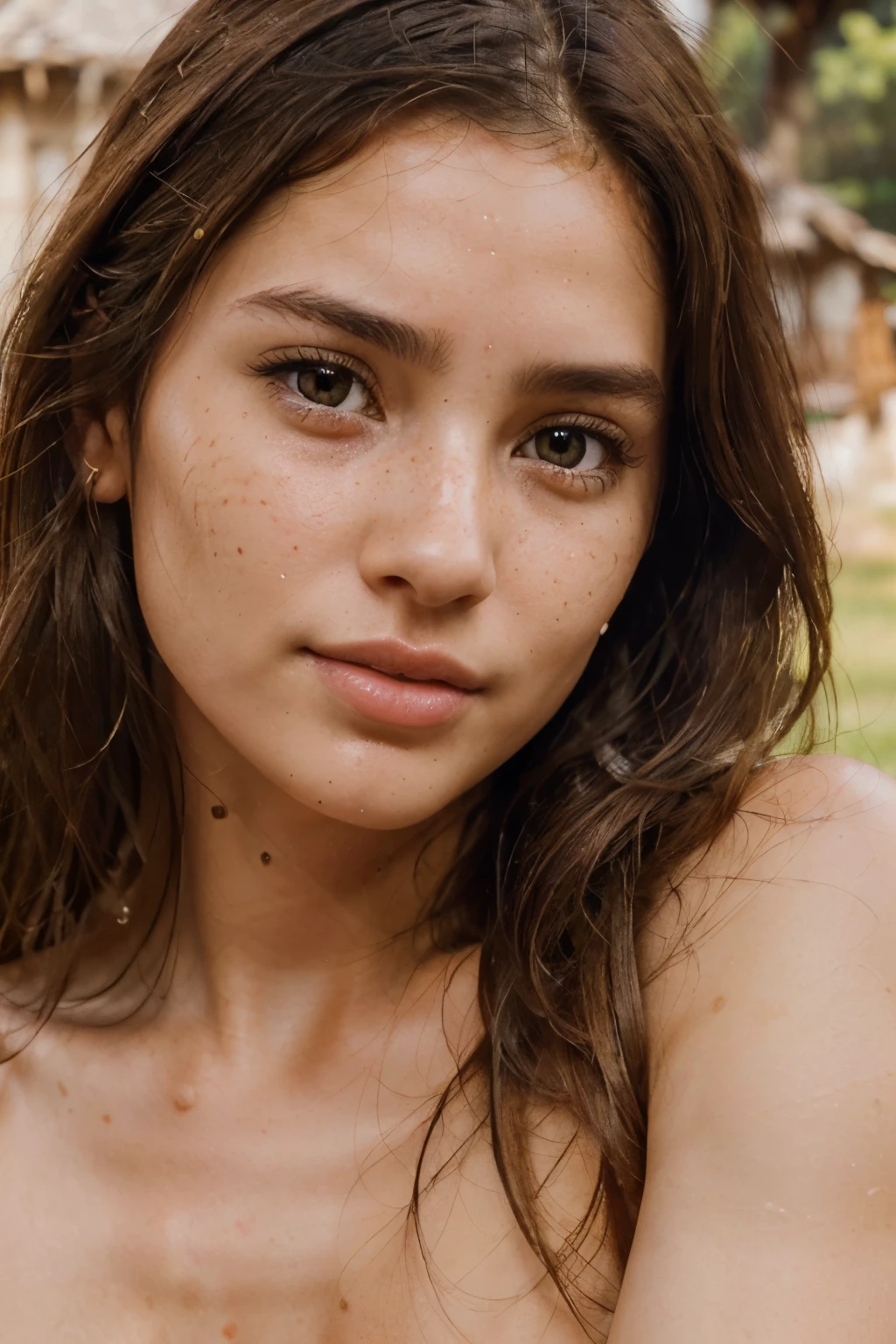 (beautiful woman in her 20s) very beautiful, perfect face, (brown hair) (brown eyes) (white skin) Beautiful body, Western face, full body, Western Beauty, thin nose, (sad woman, tears). beautiful, perfect, ((best quality)), ((ultra resolution)), ((photorealistic:1.4)), (intricate details), perfect face, (freckles on face), facial detail, ((full naked)) ( (Location: native village))