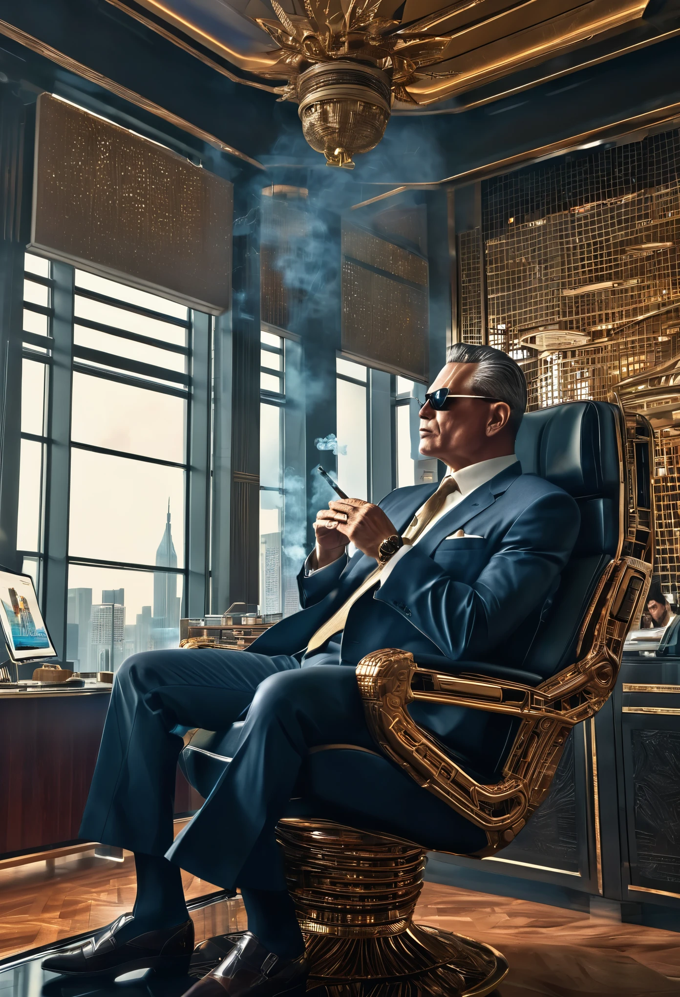a skyscraper office in the big city, the cyborg man sits in a luxurious chair and smokes a Cuban cigar, high quality, absurdres, masterpiece, beautiful, intricate details, 1/2 body crop, slim body, beautiful figure, magnificent anatomy, (intricate details:1.12), HDR, (intricate details, hyper-detailing:1.15), (natural skin textures, hyper realisitc, soft light, Sharp:1.2)