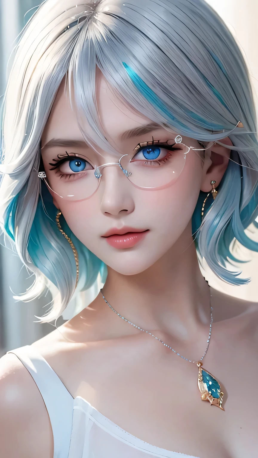 masterpiece, best quality, illustration, Saxophone blue hair, platinum earrings, platinum necklace, white dress, 1 girl, charming, (dynamic lighting:1.2), Cinema lighting, Exquisite facial features, delicate blue eyes, wear glasses，sharp pupils, realistic student, depth of field, Bokeh, sharp focus, (super detailed, bloom, glow:1.4)