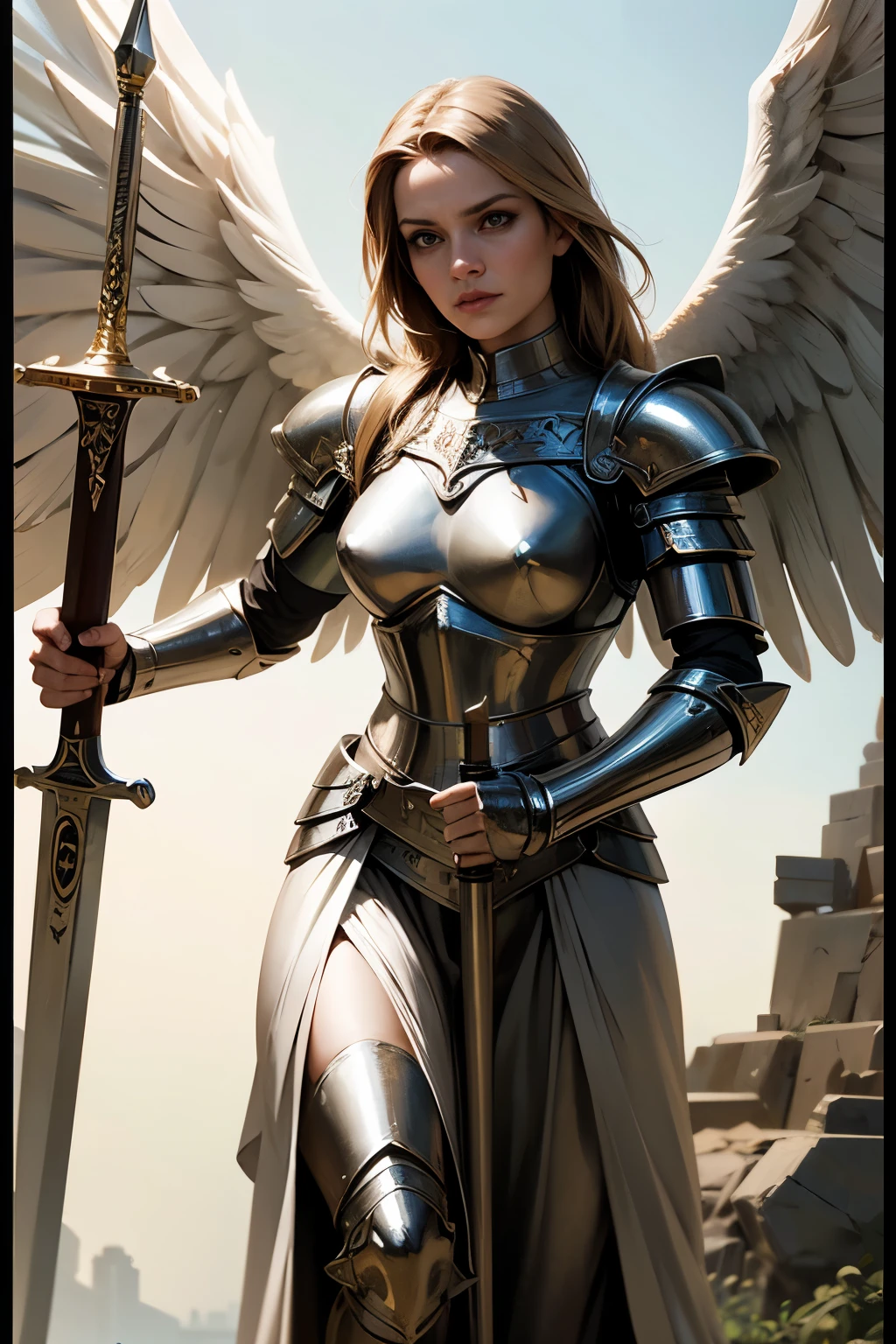strong angel with heavenly armor, with shield sword, seven wings, ready for battle