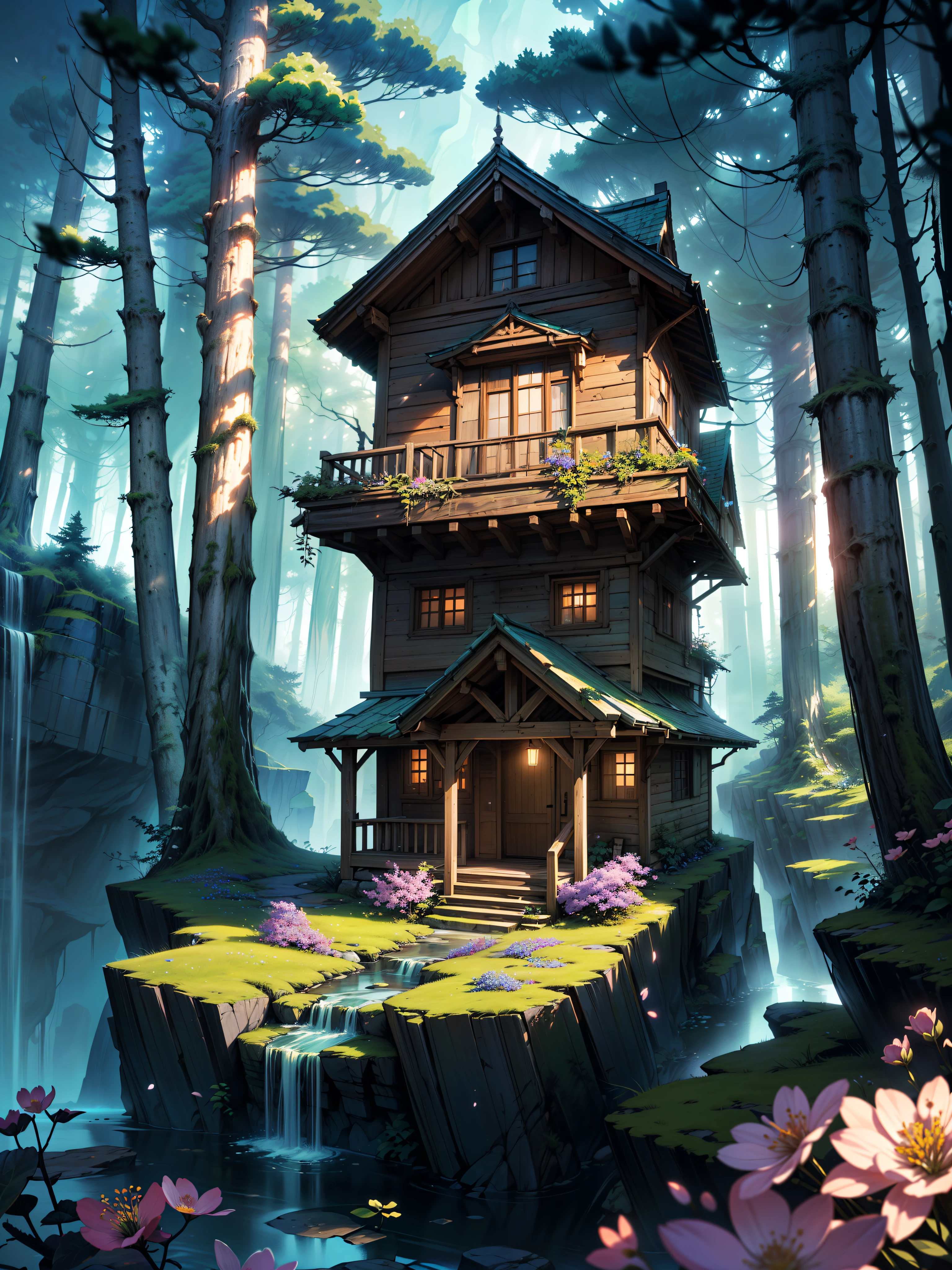 (masterpiece:1), (wide view:1.5), (a small cute house on a huge granite cliff:1.6), (lo-fi vibe:1.3), (deep forest valley on side:1.5), (dense greenery:1.3), silence, (a lot of old stairs:1.4), (blue vast wide open sky:1.5), (soft glow of vibrant tones:1.4), magnificent sky, (volumetric light:1.2), peaceful, (ancient forest:1.5), (nature:1.3), (Sakura trees:1.3), (wild flowers:1.5), (different hues of green and blue:1.4), (beautiful aesthetics:1.2), (fantasy world:1.4), beautiful tones, subtle colors, peaceful, (illustration: 1.0), epic composition, realistic lighting, (no human:1.6), HD details, masterpiece, best quality, ,
