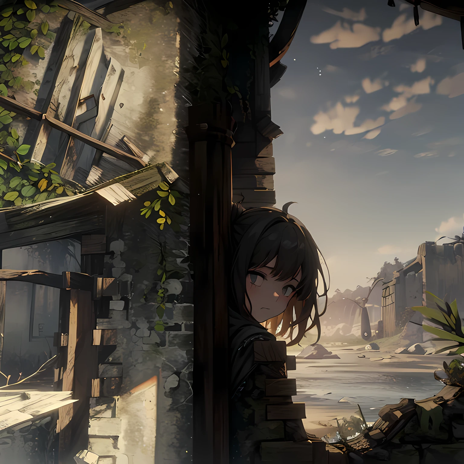 (8K、highest quality、masterpiece:1.2)、Super detailed、super resolution、realistic、1 girl,Inside a dilapidated building,,profile,rain,Sad face,Low - Angle,collapsed cityscape,Rear view
