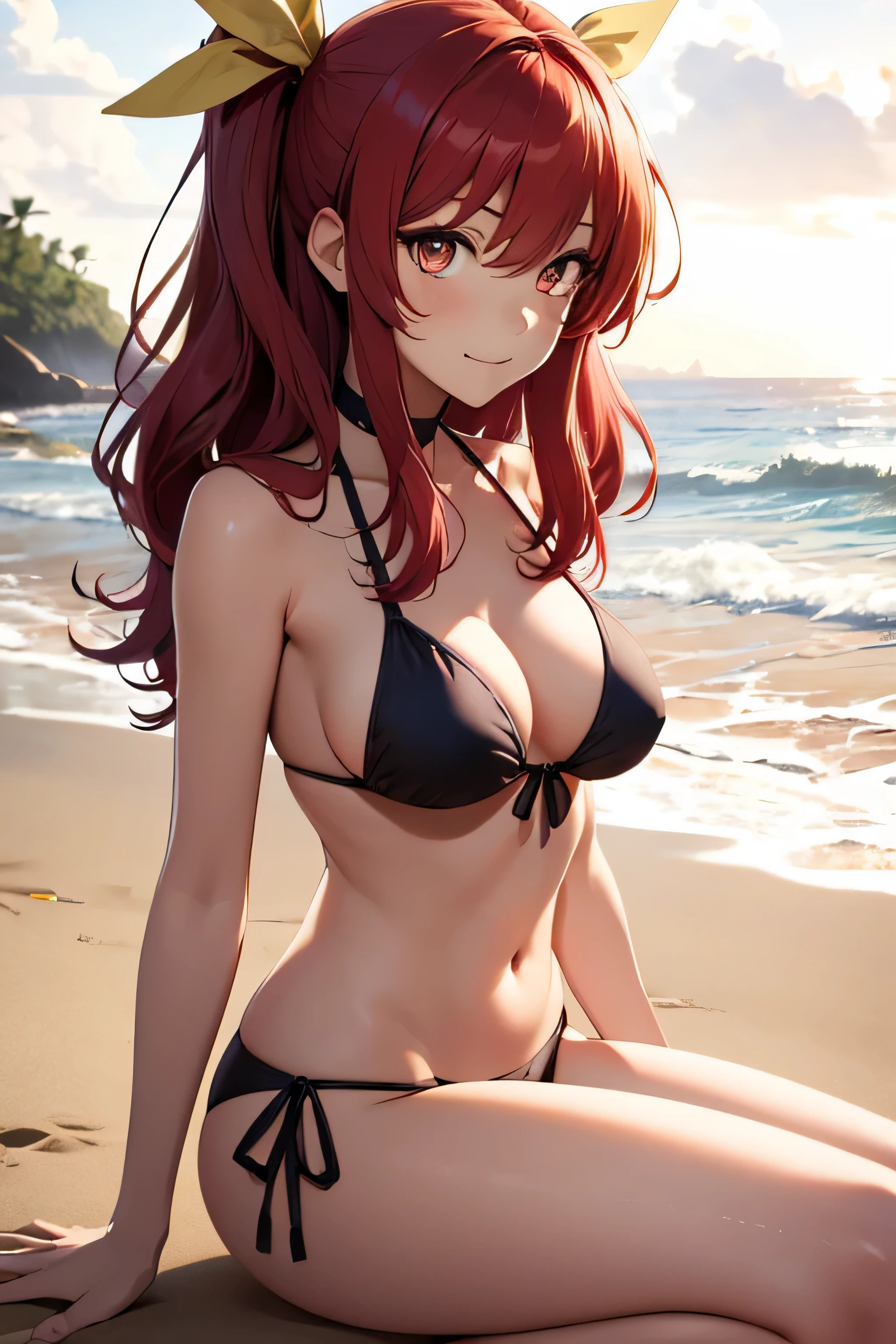 absurdres, high res, ultrasharp, 8K, {masterpiece}, expressive eyes, extremely detailed, best quality, perfect face, Stella Vermillion, 1girl, ruby eyes, long hair, yellow ribbon, crimson hair, hair ribbon, solo, beach, pleased, bikini, sitting,
