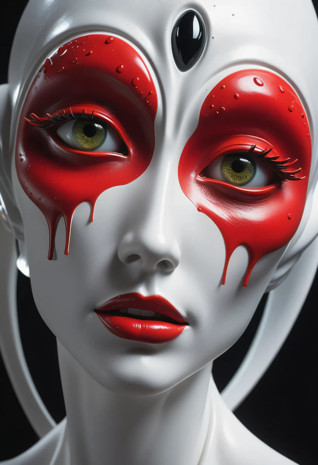 Design of a modern unusual sculpture made of white plaster., the sculpture depicts the face of a beautiful alien woman with an elongated head and large elongated and slanted eyes., the alien's eyes are full of transparent tears, tears accumulate in the eyes and flow down the alien's rough cheeks, tears dripping from the alien's sharp chin, dripping tears turn into stylized red butterflies and fly around., the alien has a beautiful high forehead, part of the sculpture has cracks and chips on the forehead, Modern Art, A high resolution, crying and tears, butterfly tears, butterfly drops, the rough texture of the alien's mow is shown in detail