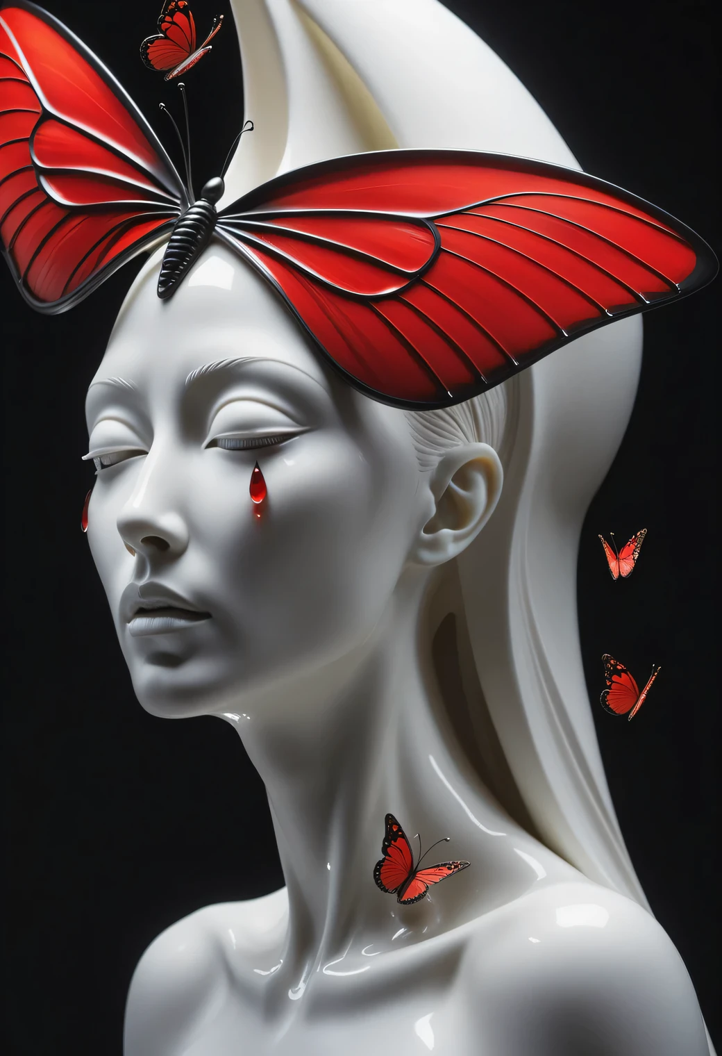 Design of an unusual white plaster sculpture., the sculpture depicts the face of an alien with an elongated head, large elongated and slanted eyes, the alien&#39;s eyes are full of tears, tears flow down the cheeks and teardrops turn into stylized red butterflies, Modern Art, A high resolution, cry and tears, butterfly tears