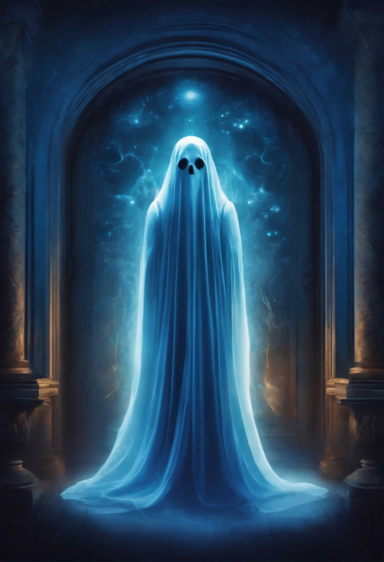 A ghost in a blue animated logo 