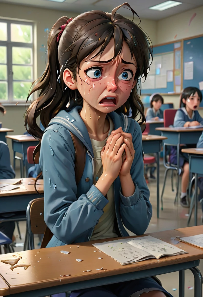 anime realism style, (crying, tears:1.5), sit in classroom, best quality, masterpiece, high details, Ultra intricate detailed