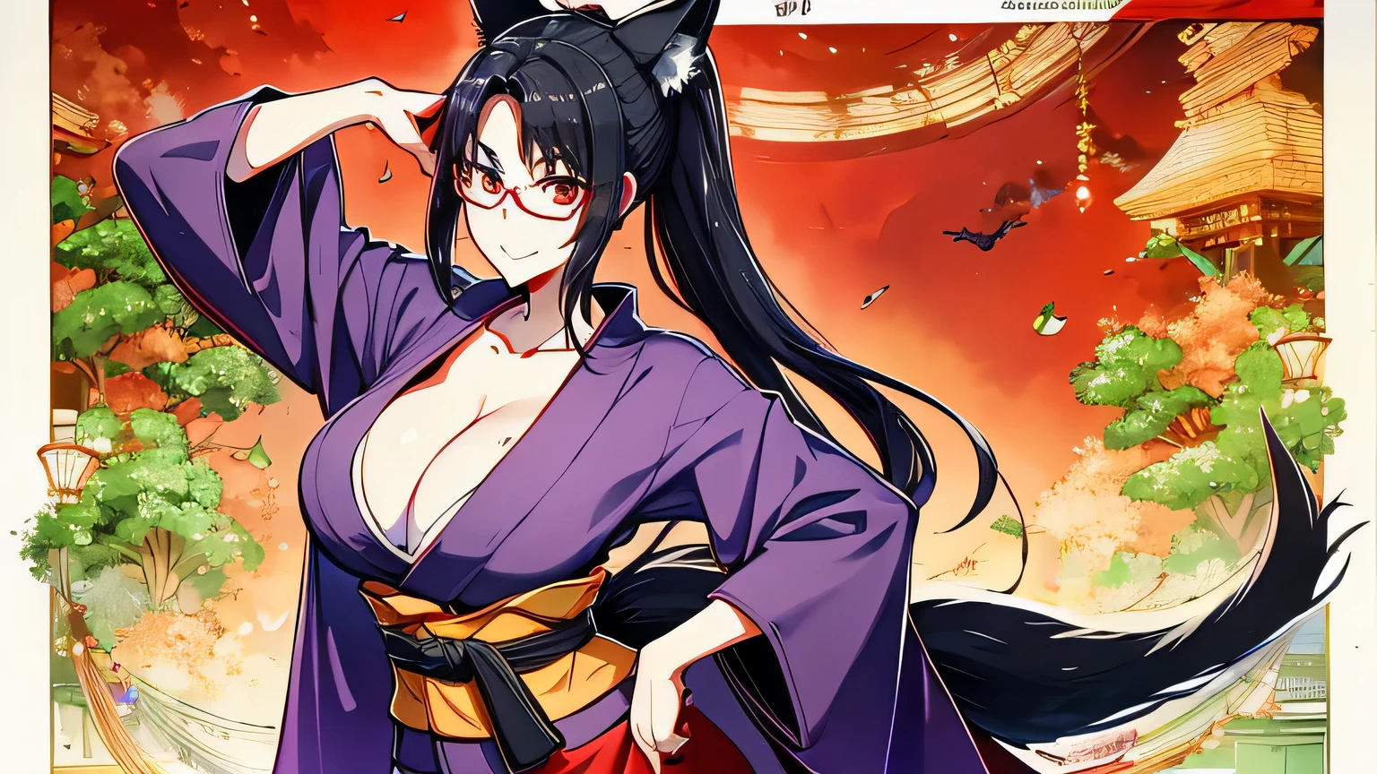 girl、greenish black hair、ponytail、big cleavage、fox ears、red eyes、wear glasses、tall purple kimono、red color belt、light purple long hakama、headphone、sexy、Charm、Wet、face turns red、far shot , full body