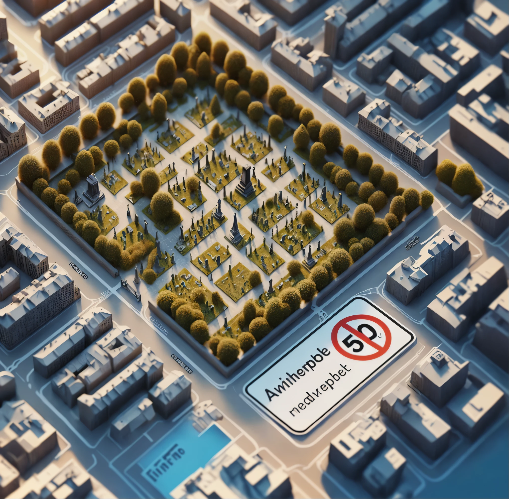 A map in Yandex style, illustrating the law that prohibits the sale of addresses within 50 meters of cemeteries and memorials. The map focused on a cemetery border, a random point outside the border, and a label indicating the 50-meter distance between them. (best quality, 4k, 8k, high resolution, masterpiece:1.2), ultra-detailed, (realistic, photorealistic, photo-realistic:1.37), ultra-fine painting, sharp focus, physically-based rendering, extreme detail description, professional, vivid colors, Yandex map, aerial view, HDR, UHD, studio lighting, bokeh, (illustration:1.2), concept art, digital painting, cartography