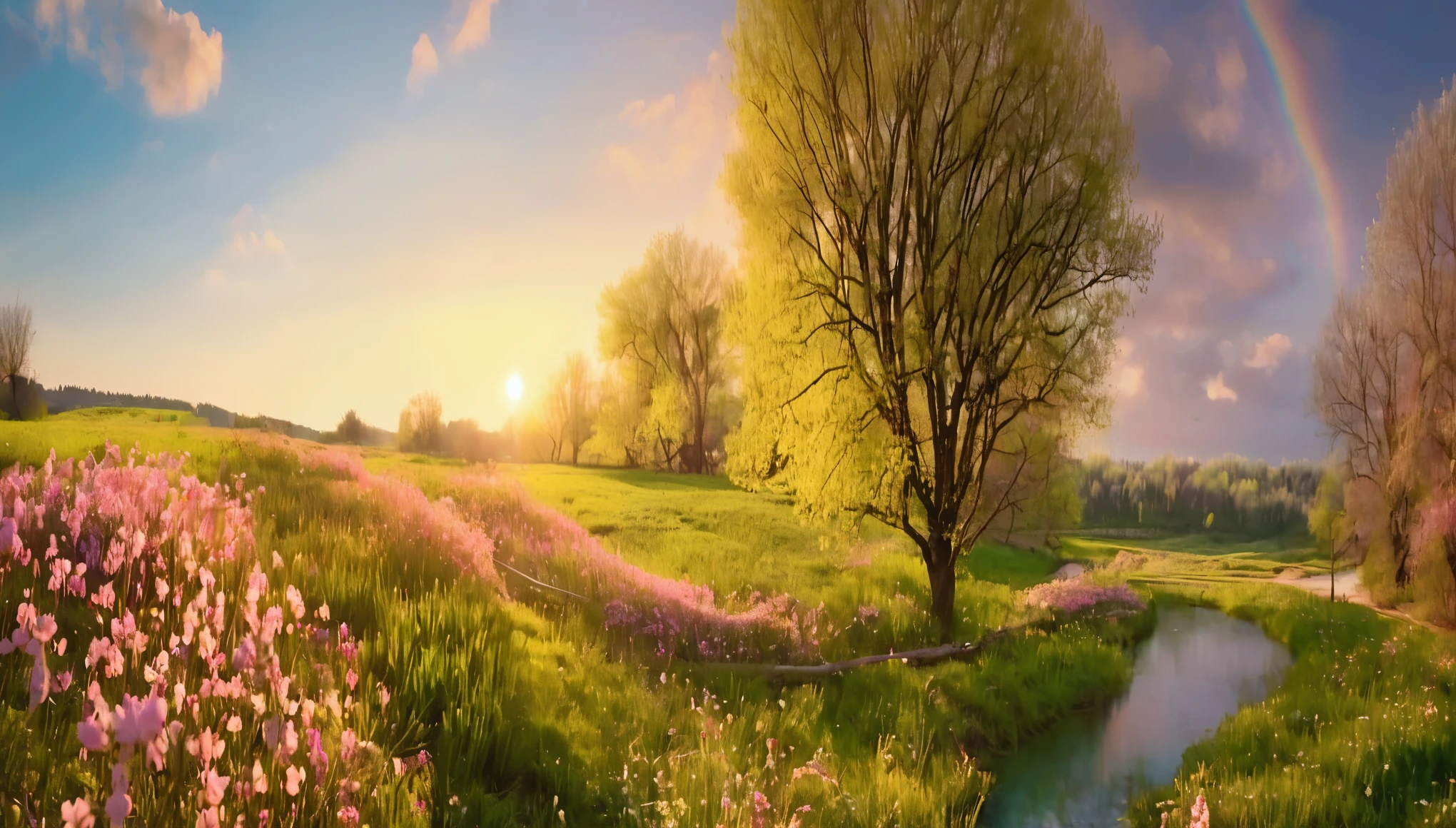 À la Fed view of a creek flowing through a lush field, Spring sunrise, a beautiful scenery, early morning in spring, beautifully lit landscape, peaceful scenery, Spring evening, pink flower field, Sunny steppe, beautiful scenery, spring morning, Gentle field settings, Meadow with flowers, beautiful dreamy landscape, 暖かくbeautiful scenery, beautiful scenery, beautiful environment