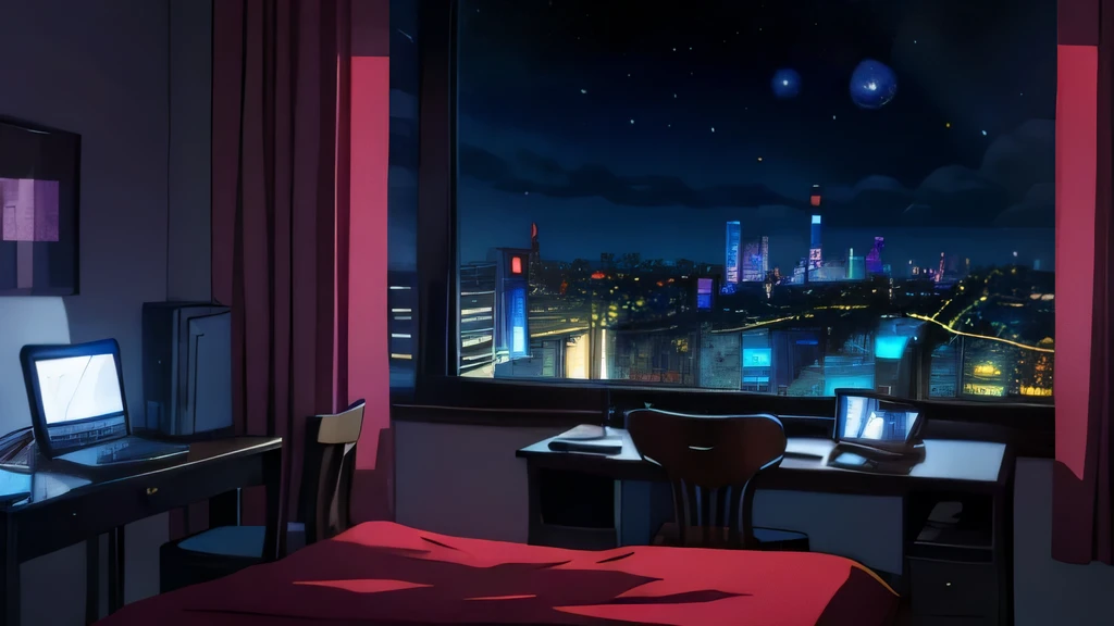 sala, livros na cama, mesa de computador, city with large distant buildings, noite estrelada, anime, 2d, desenho animado, alta qualidade, detalhado, 4K