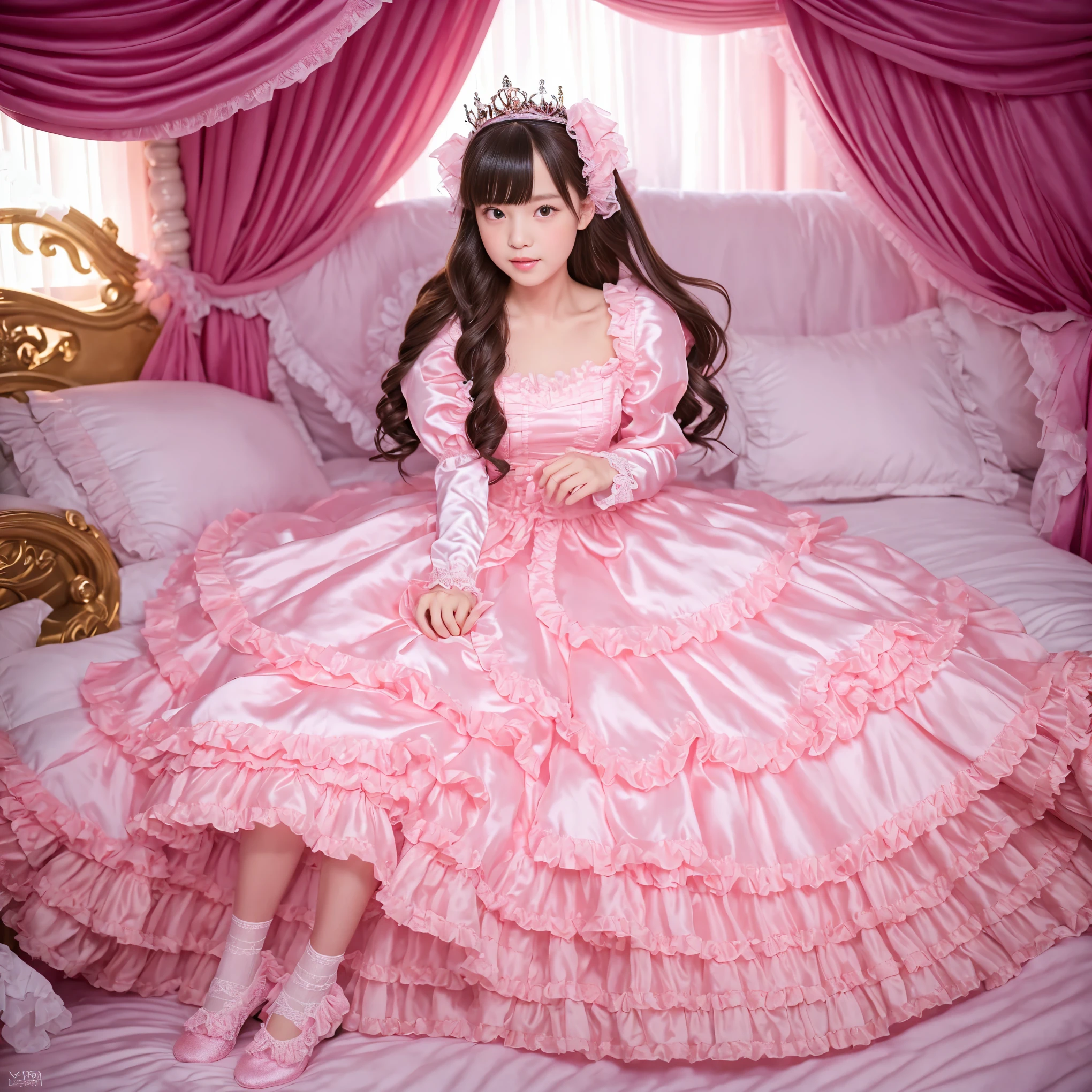 ,highest quality, masterpiece, highest resolution, artwork, super それにget used to it, many get used to it, get used to it, それにget used to it, 3K realistic photos,,((10 year old little girls)),Super detailed baby face,both are princesses,detailed luxury tiara,Full length ball gown dress with hoop skirt,ruffle yoke collar,Detailed braided ribbon at chest,puff sleeves,long sleeve,((lolita style hot pink princess satin dress、Comes with lots of frills and ribbons。)),crazy'colorful fashion,shiny silk satin dress,soft and smooth silk satin fabric,luxury,Very long blonde hair,blue eyes,white skin european,pajamas,((inside the palace)),Princess dancing happily,gorgeous flowing dress,fine white frills and lace,Super long hair that is as tall as your body,white long socks,drawers with lots of frills,castle bedroom at night,Super long flowing hair,on the bed,豪華な天蓋付きon the bed,巨大な広いon the bed,Pink pillow with lots of frills,Silk satin pink curtains with luxurious ruffles and ribbons surround the bed,princess sitting on bed,Pillows piled up behind the princess,Long hair scattered like a fan on the bed,(((Both legs are completely hidden inside the dress))),((((round futon)))),((((A large futon with frills that covers the entire bed)))),detailed comforter,Detailed bed sheets,